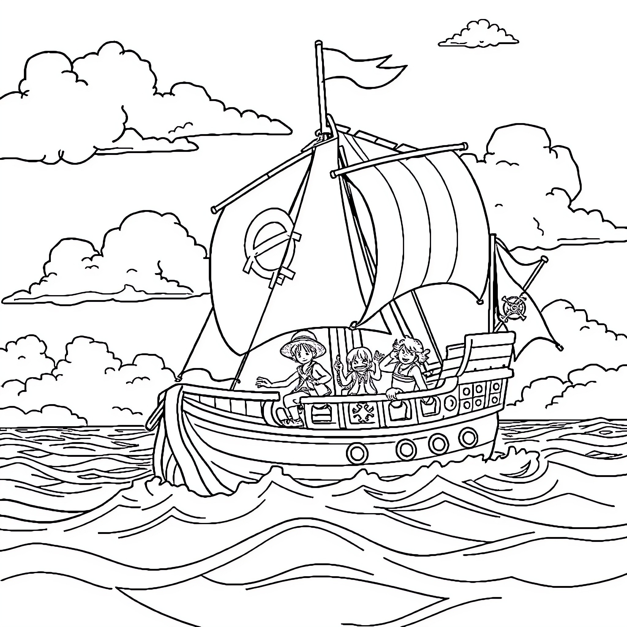 One Piece Ship Sailing Across the Stormy Seas Coloring Page (free black-and-white line drawing printable PDF for all, from beginners to advanced learners, including children, teens, adults, and seniors)