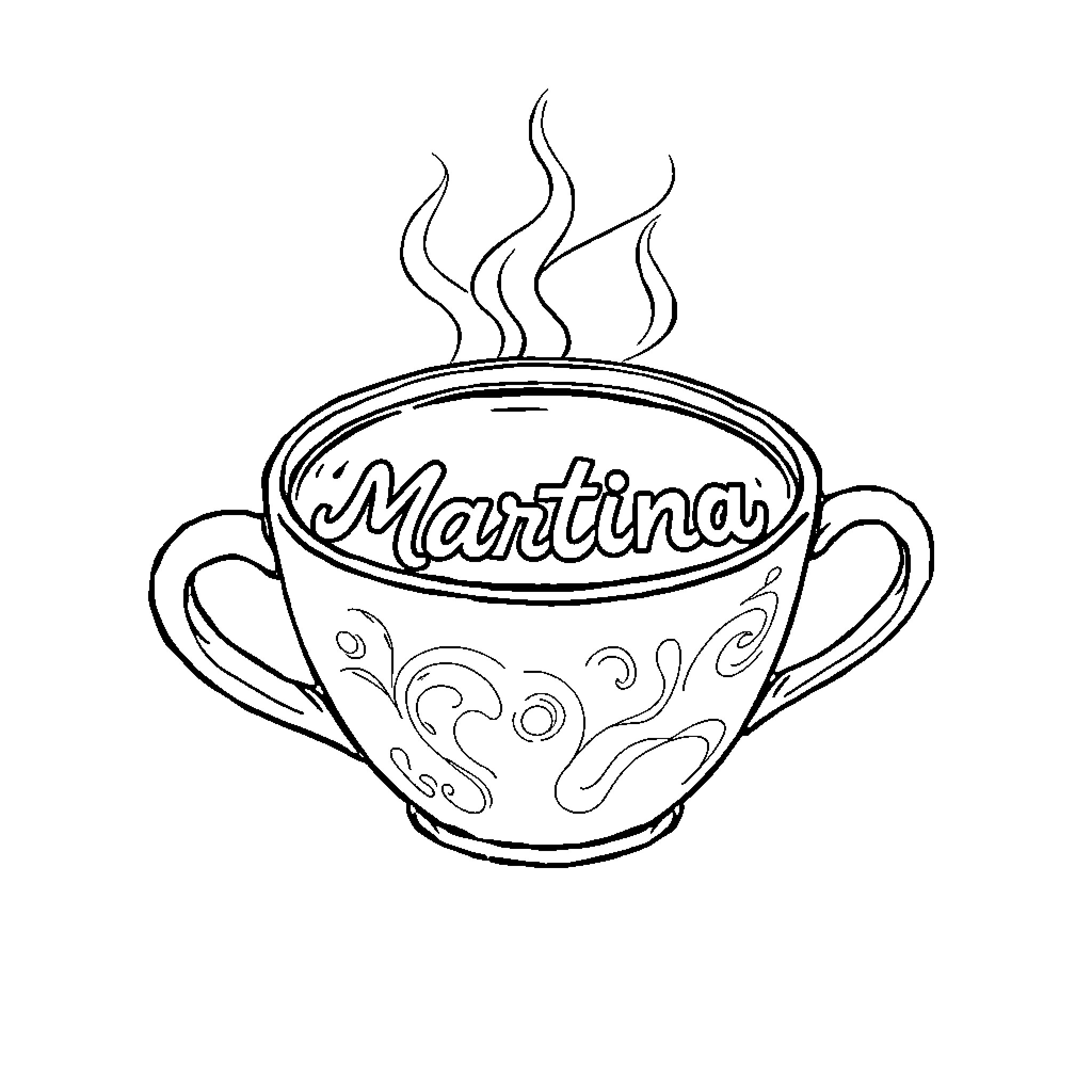 Coffee cup with Martina name Coloring Page (free black-and-white line drawing printable PDF for all, from beginners to advanced learners, including children, teens, adults, and seniors)