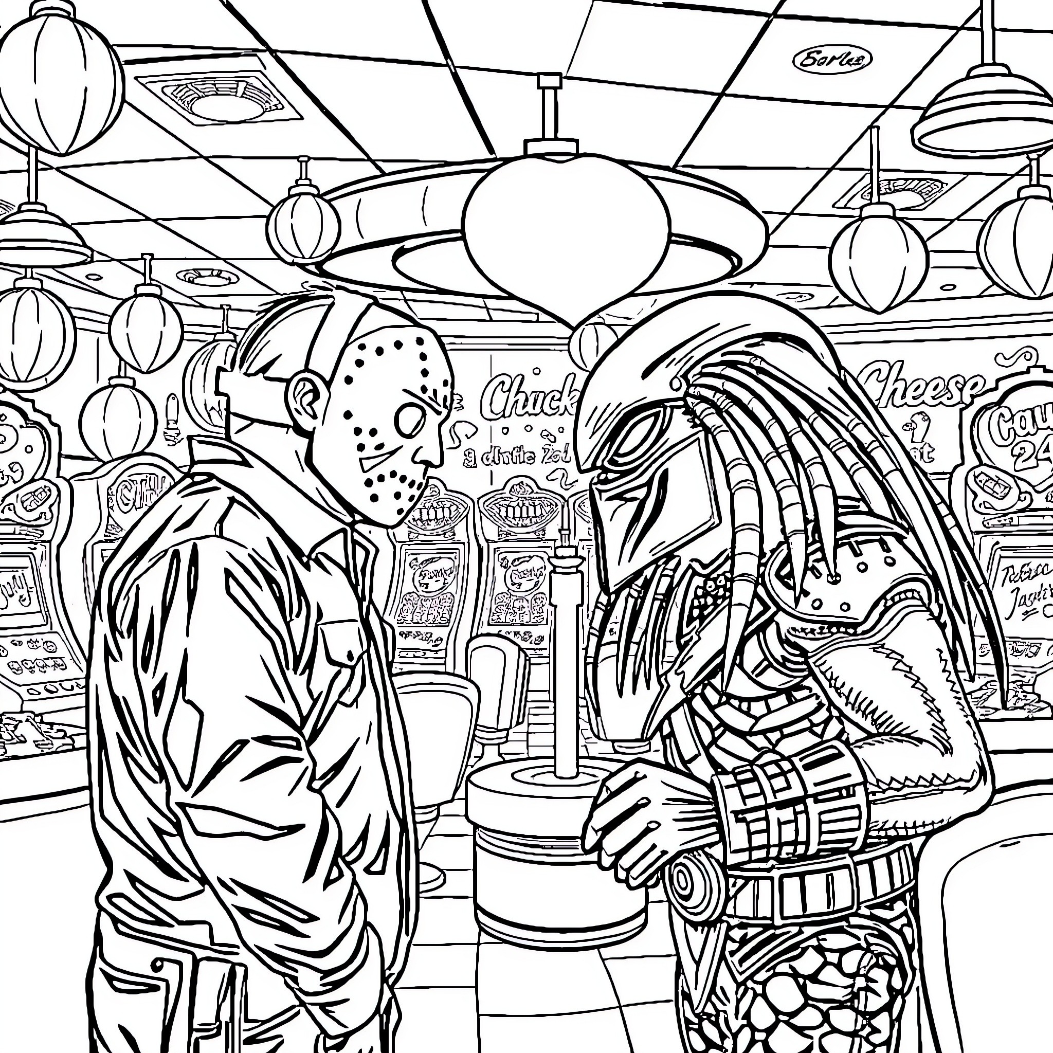Jason Voorhees and Predator in a Diner Confrontation Coloring Page (free black-and-white line drawing printable PDF for all, from beginners to advanced learners, including children, teens, adults, and seniors)