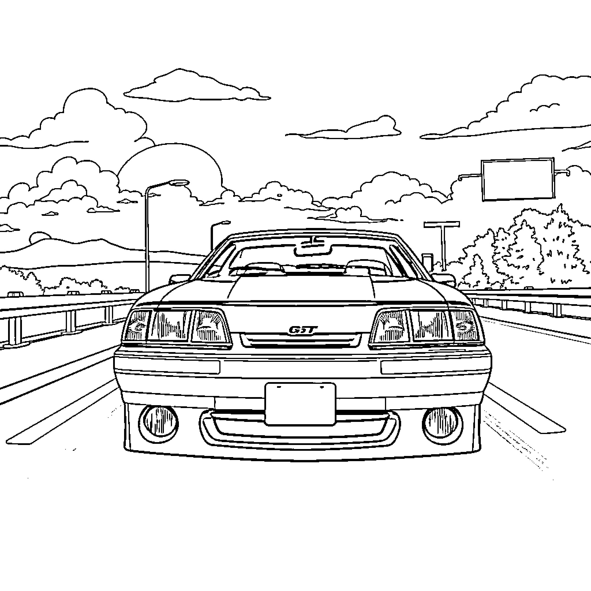 Mustang speeding down the highway Coloring Page (free black-and-white line drawing printable PDF for all, from beginners to advanced learners, including children, teens, adults, and seniors)