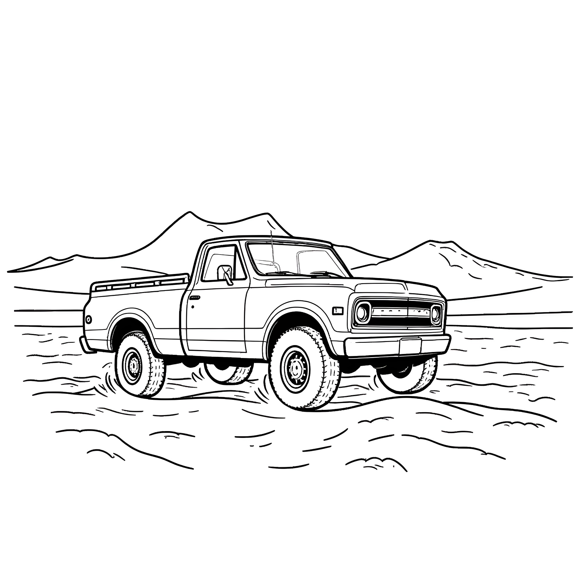 Truck driving through rugged terrain Coloring Page (free black-and-white line drawing printable PDF for all, from beginners to advanced learners, including children, teens, adults, and seniors)