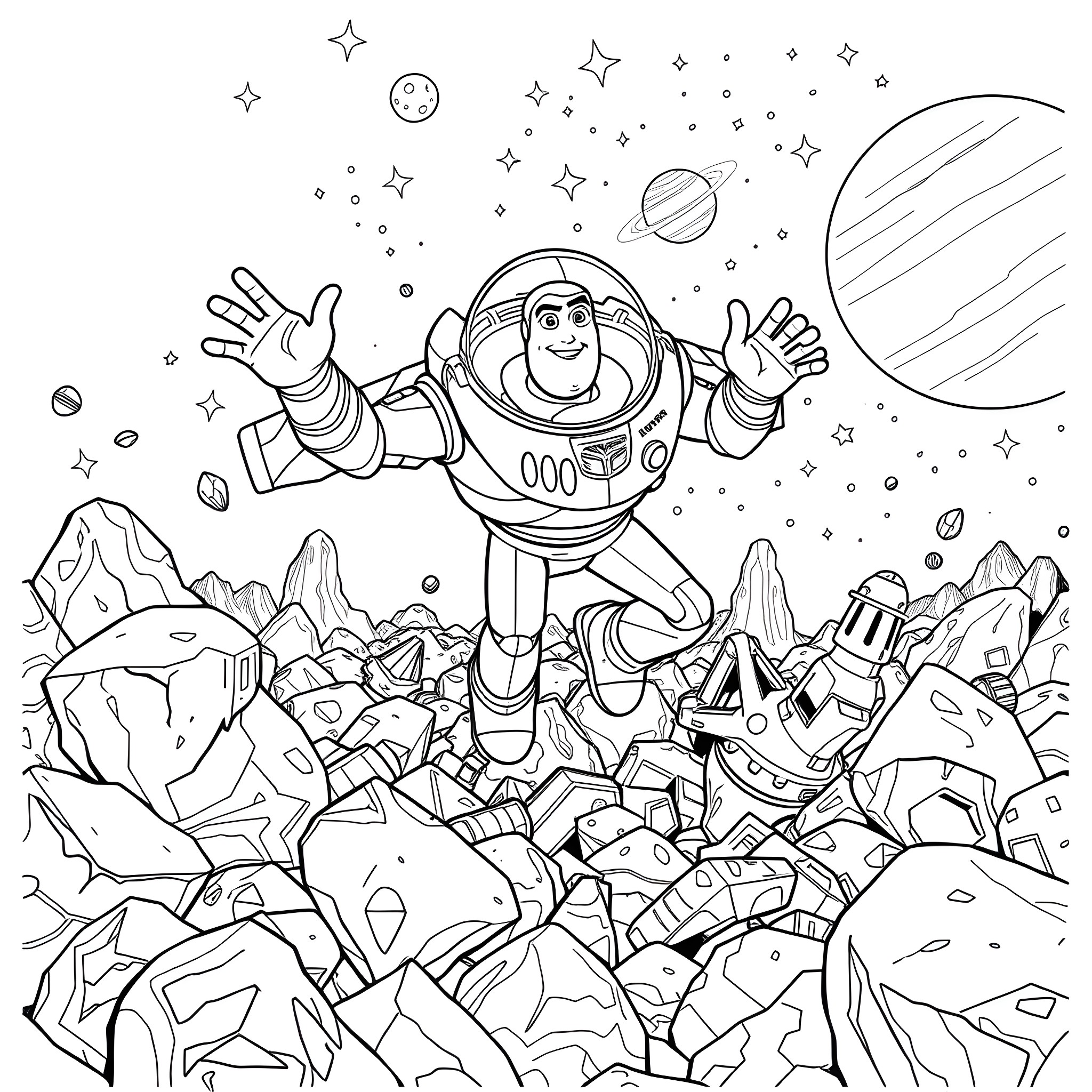 Buzz Lightyear exploring space with wonder and excitement Coloring Page (free black-and-white line drawing printable PDF for all, from beginners to advanced learners, including children, teens, adults, and seniors)