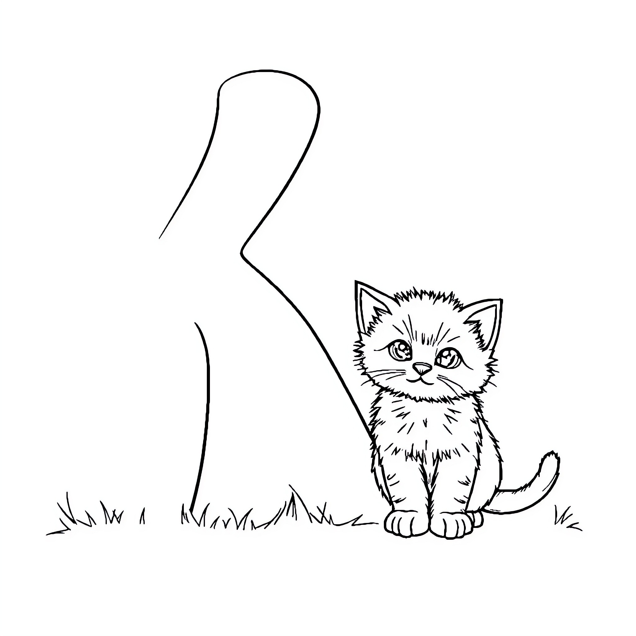 Kitten sitting curiously in the grass Coloring Page (free black-and-white line drawing printable PDF for all, from beginners to advanced learners, including children, teens, adults, and seniors)