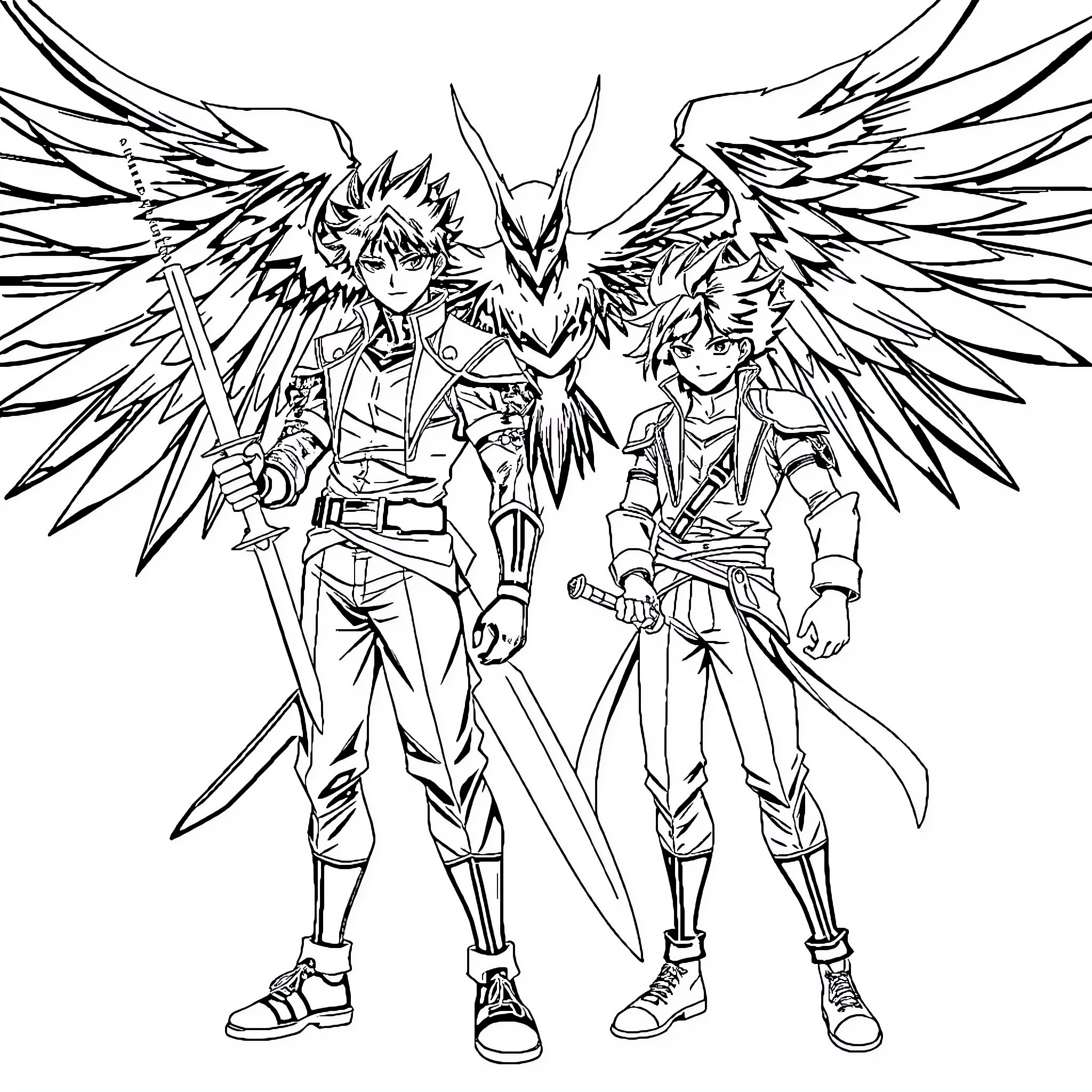 Genya Shinuzugawa: Winged Warrior Duo in Battle Attire Coloring Page (free black-and-white line drawing printable PDF for all, from beginners to advanced learners, including children, teens, adults, and seniors)