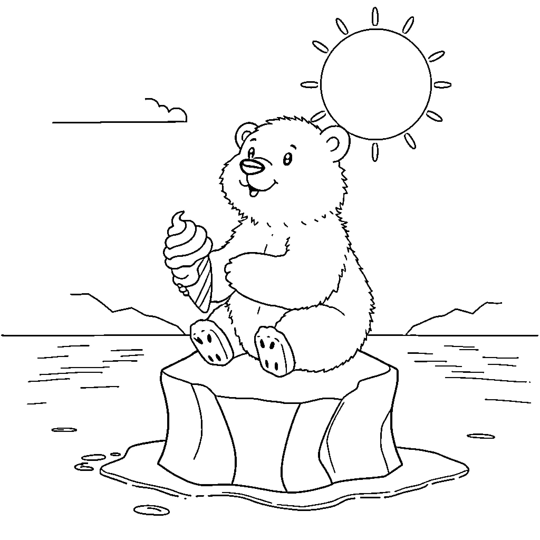 Polar Bear Enjoying an Ice Cream Treat on a Sunny Day Coloring Page (free black-and-white line drawing printable PDF for all, from beginners to advanced learners, including children, teens, adults, and seniors)