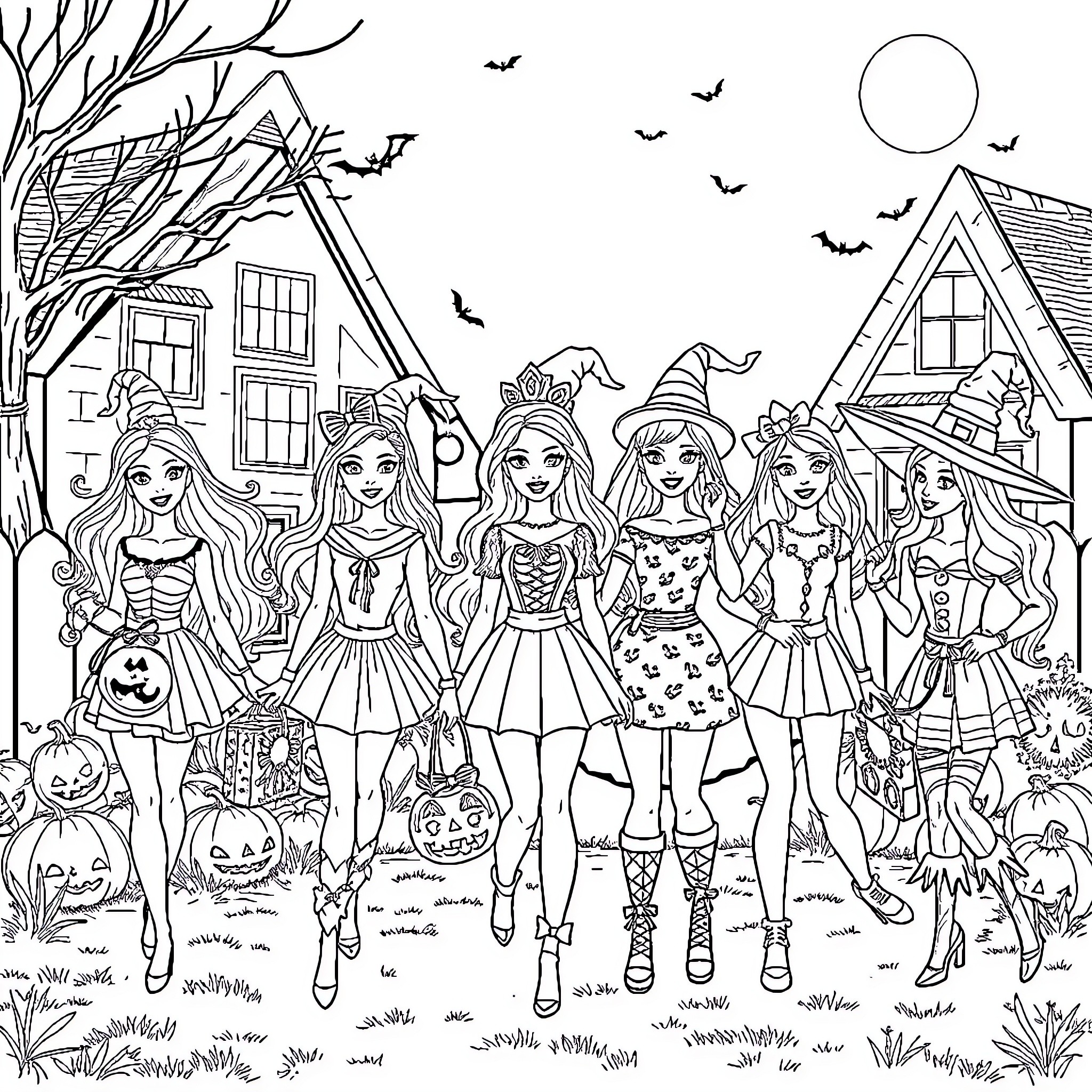 Barbie friends trick-or-treating on Halloween night Coloring Page (free black-and-white line drawing printable PDF for all, from beginners to advanced learners, including children, teens, adults, and seniors)