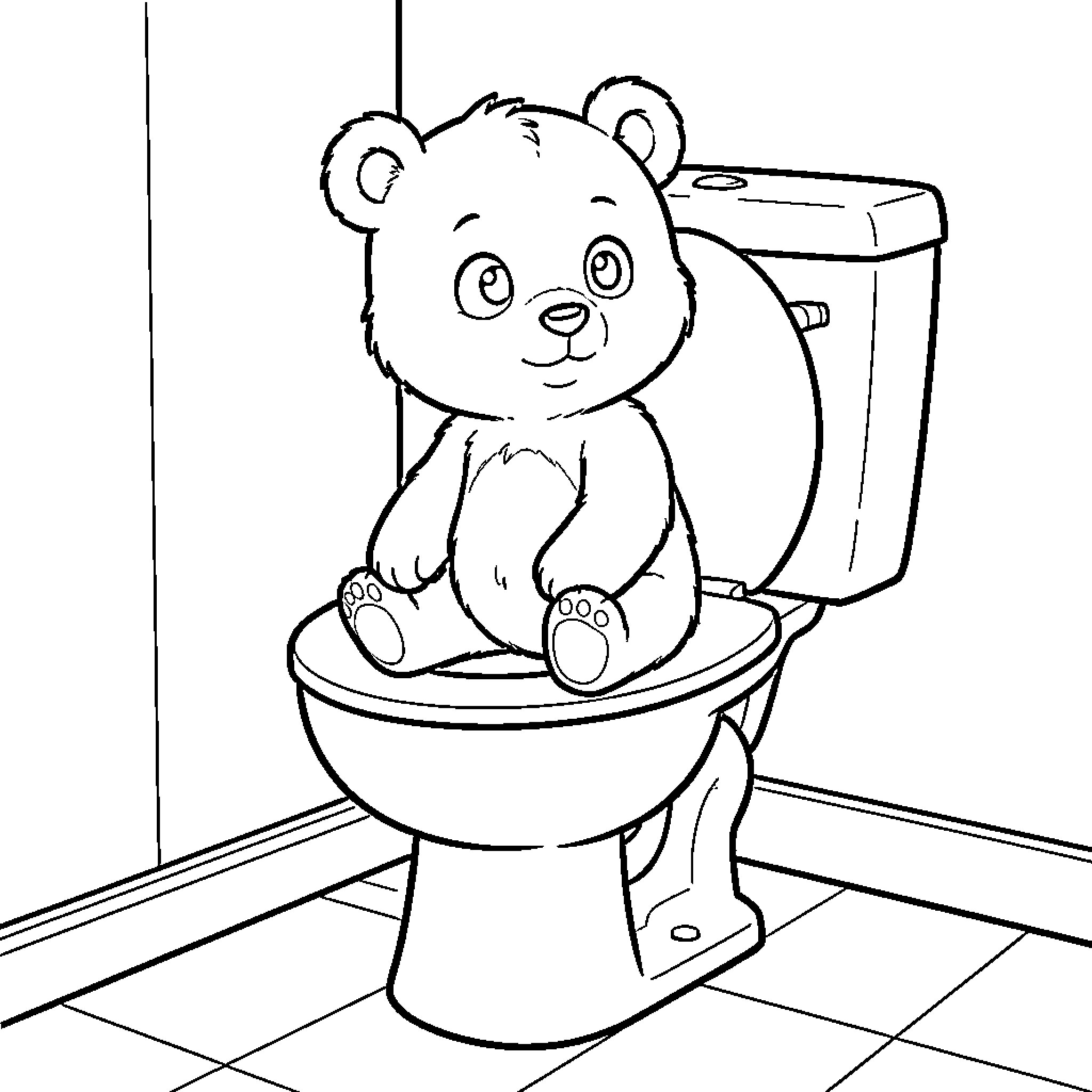 Brown Bear sitting on a toilet in the bathroom Coloring Page (free black-and-white line drawing printable PDF for all, from beginners to advanced learners, including children, teens, adults, and seniors)