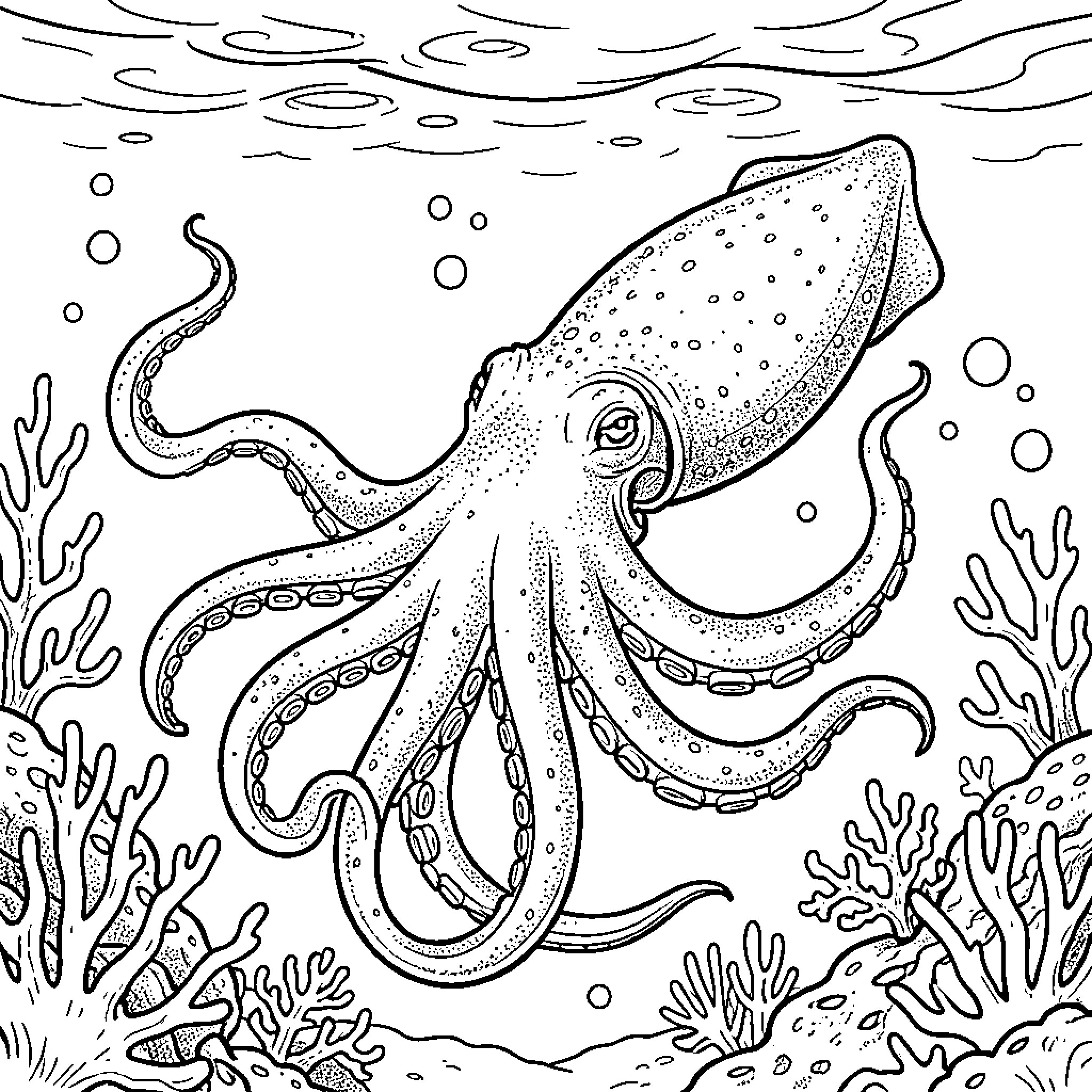Shark-like octopus exploring underwater coral reef Coloring Page (free black-and-white line drawing printable PDF for all, from beginners to advanced learners, including children, teens, adults, and seniors)