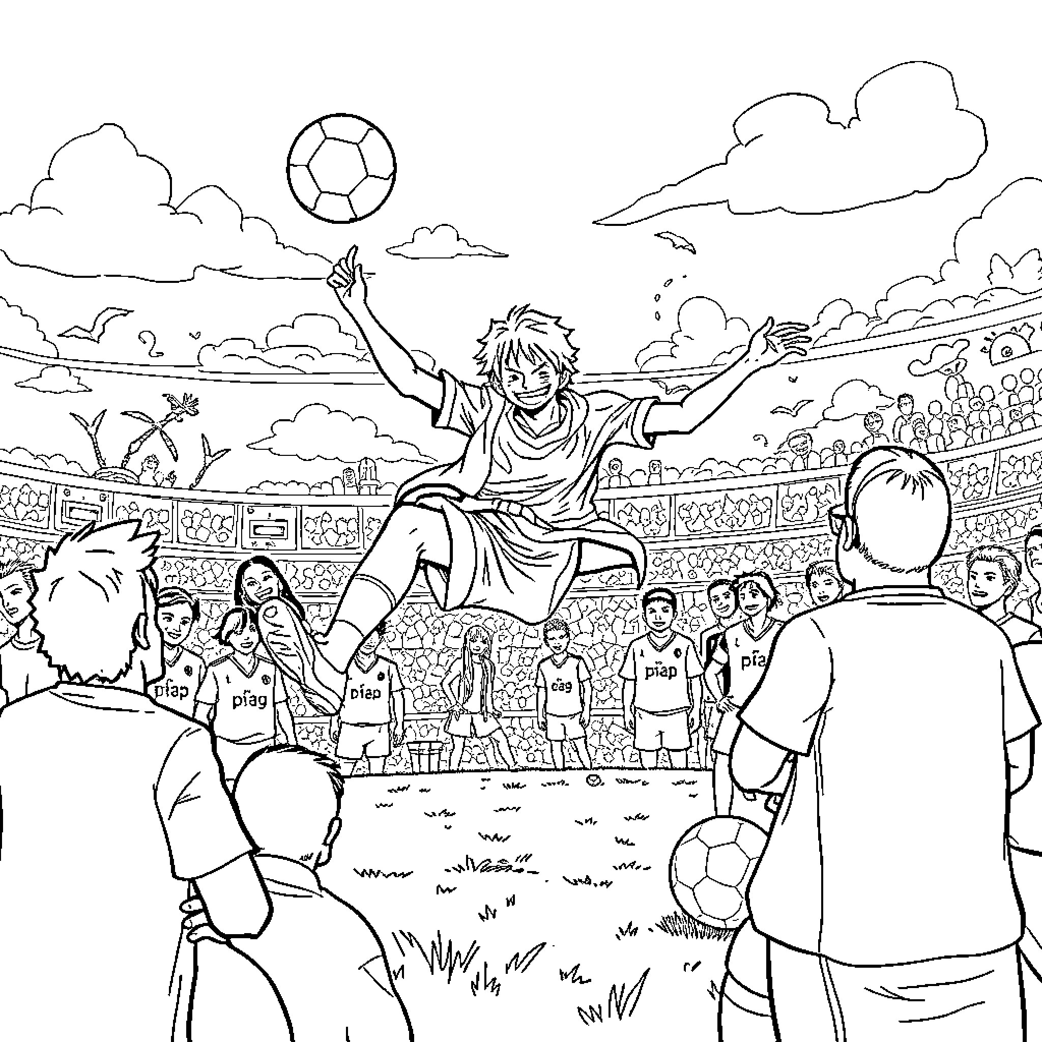 Luffy Celebrates Soccer Victory with Fans on the Field Coloring Page (free black-and-white line drawing printable PDF for all, from beginners to advanced learners, including children, teens, adults, and seniors)