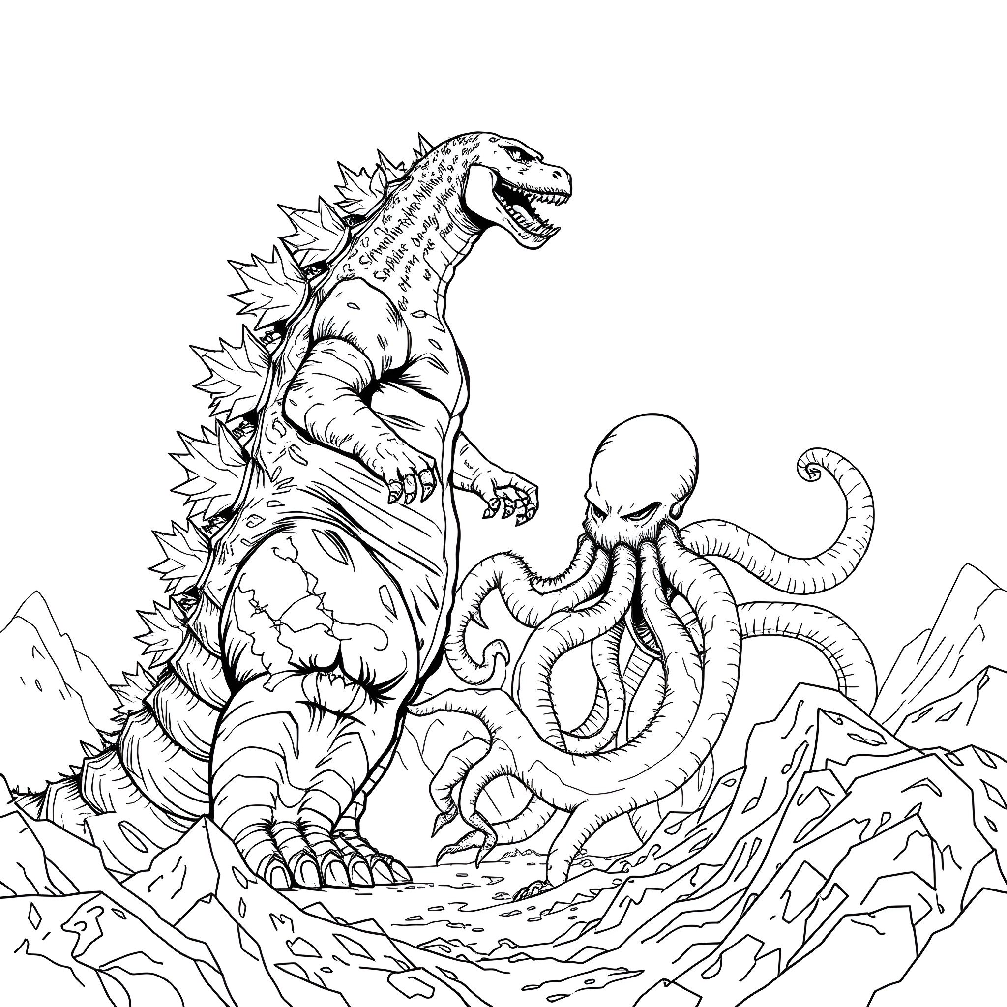 Godzilla confronting a monstrous octopus in a dramatic scene Coloring Page (free black-and-white line drawing printable PDF for all, from beginners to advanced learners, including children, teens, adults, and seniors)