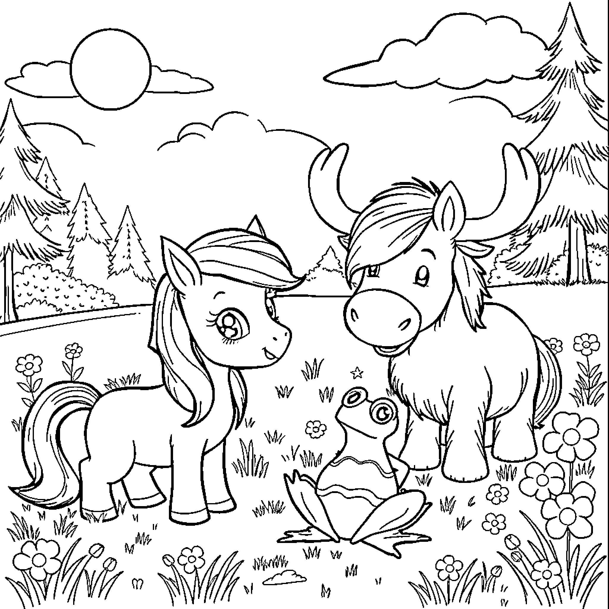 Pony friends enjoying a scenic day outdoors Coloring Page (free black-and-white line drawing printable PDF for all, from beginners to advanced learners, including children, teens, adults, and seniors)