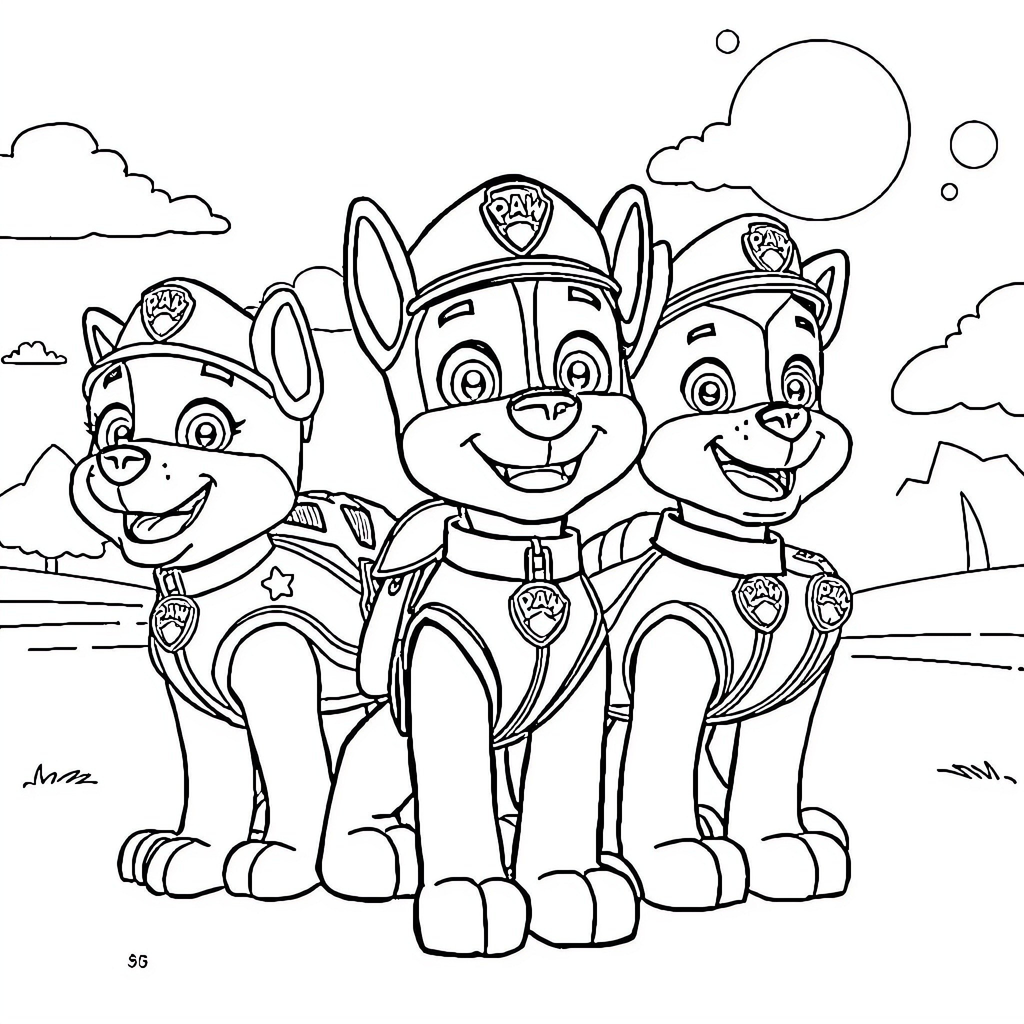 Paw Patrol Pups in Uniform Posing Outdoors Coloring Page (free black-and-white line drawing printable PDF for all, from beginners to advanced learners, including children, teens, adults, and seniors)