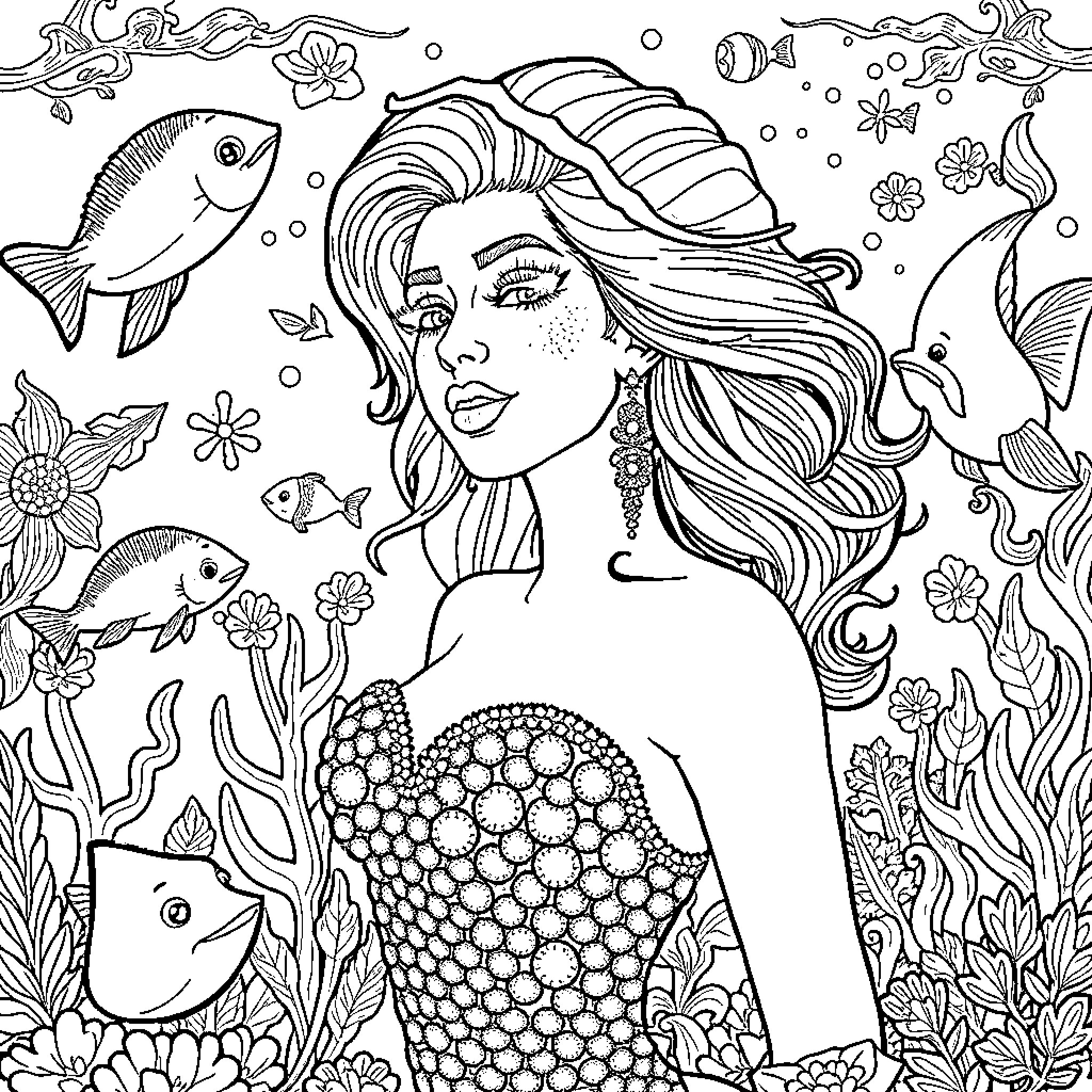 Little Mermaid Enjoying the Underwater Scenery Coloring Page (free black-and-white line drawing printable PDF for all, from beginners to advanced learners, including children, teens, adults, and seniors)