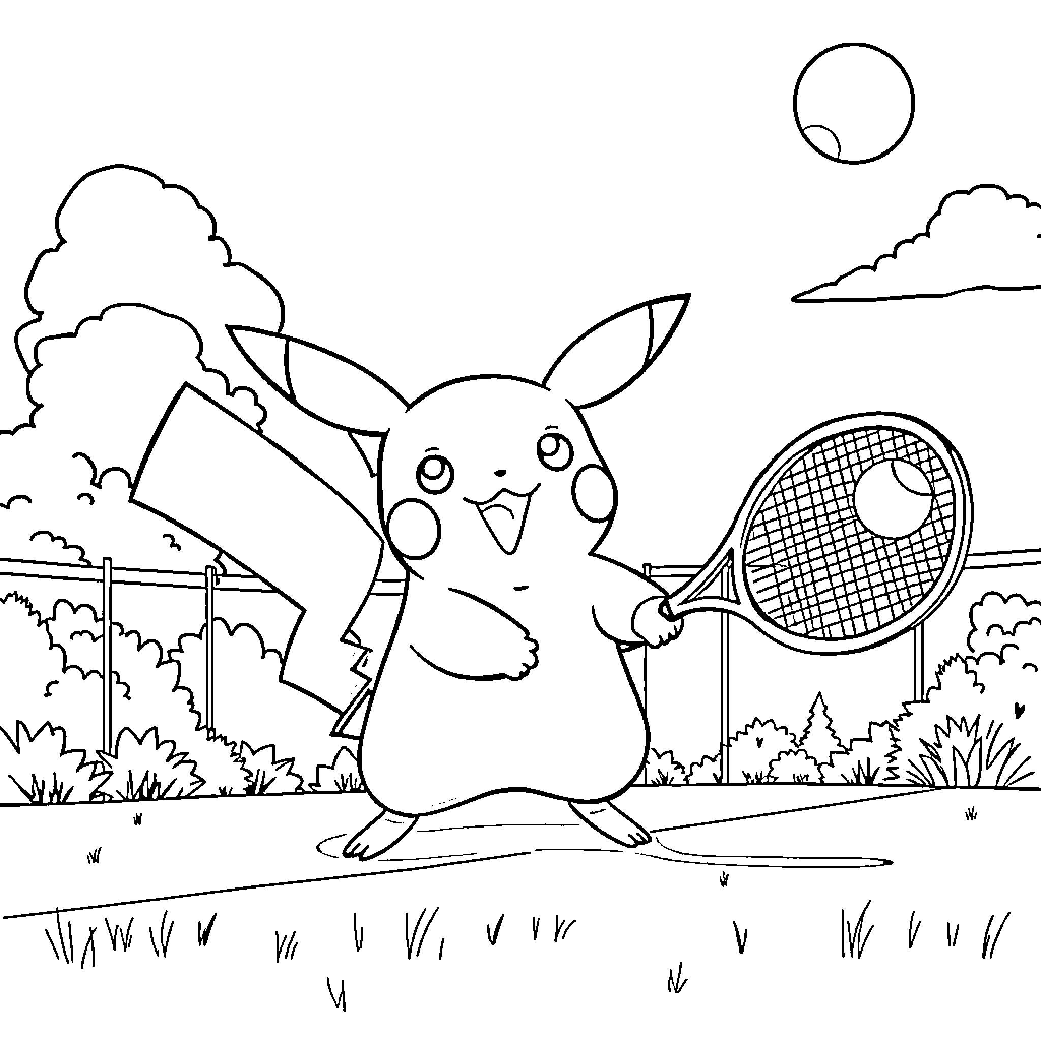 Pikachu playing tennis in the park Coloring Page (free black-and-white line drawing printable PDF for all, from beginners to advanced learners, including children, teens, adults, and seniors)
