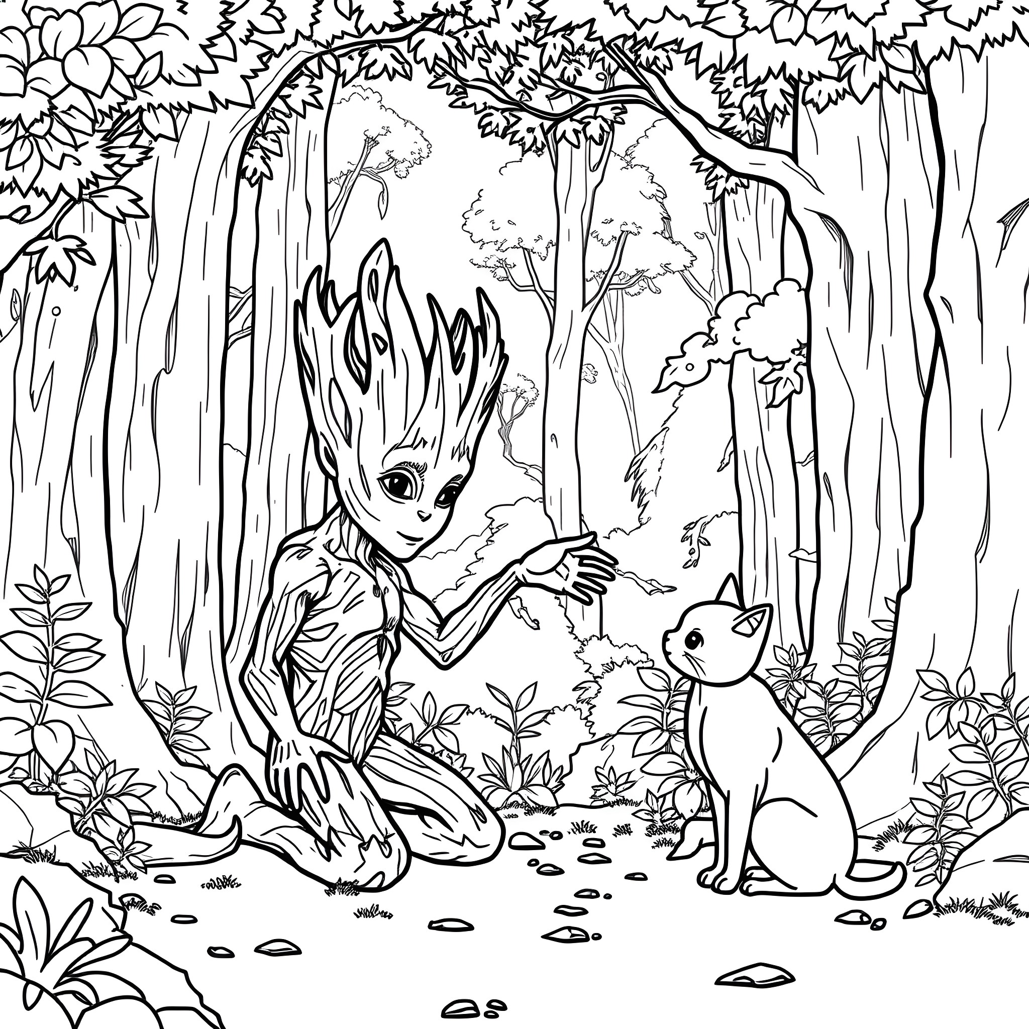 Groot playfully interacting with forest creatures Coloring Page (free black-and-white line drawing printable PDF for all, from beginners to advanced learners, including children, teens, adults, and seniors)