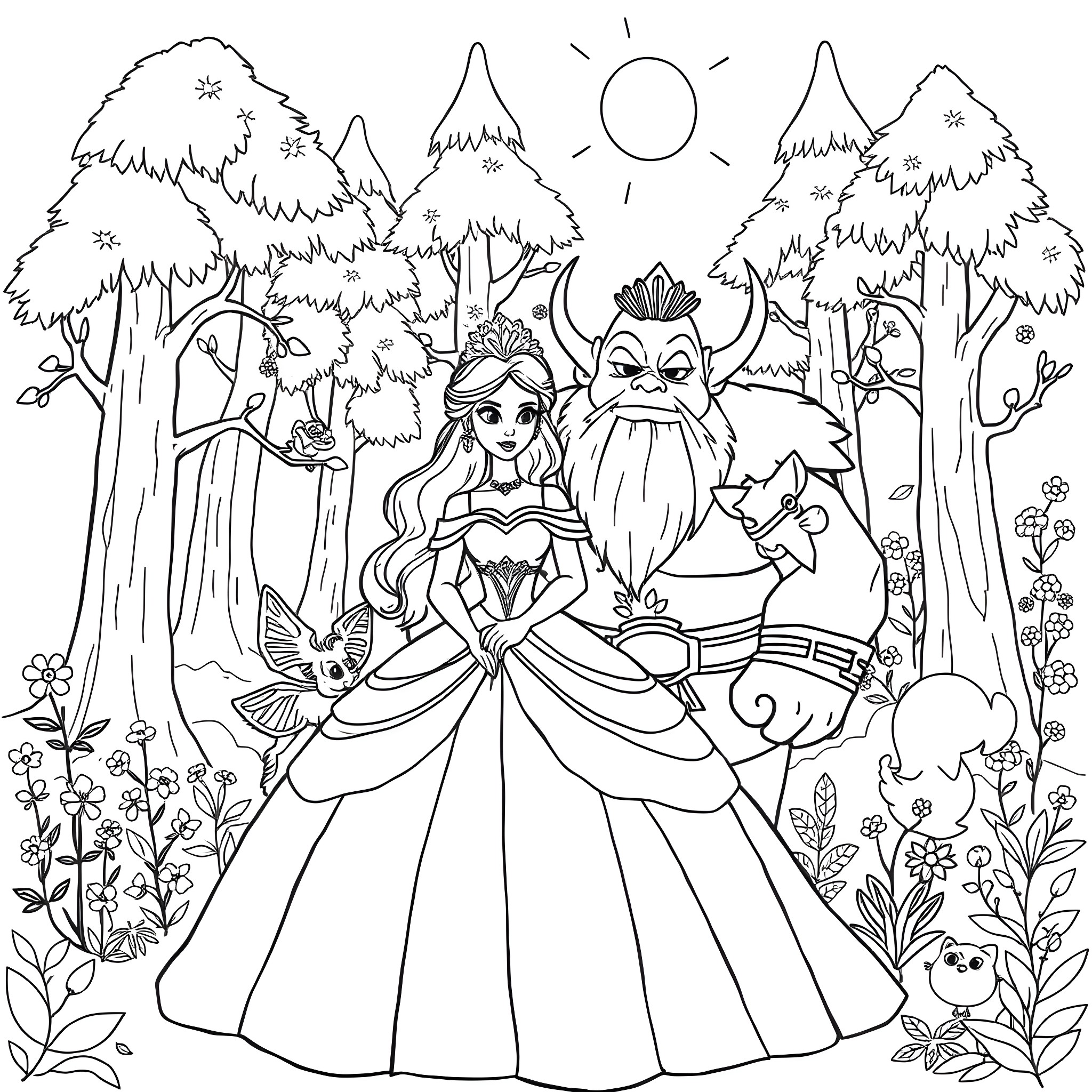 Princess in a magical forest with mythical creatures Coloring Page (free black-and-white line drawing printable PDF for all, from beginners to advanced learners, including children, teens, adults, and seniors)