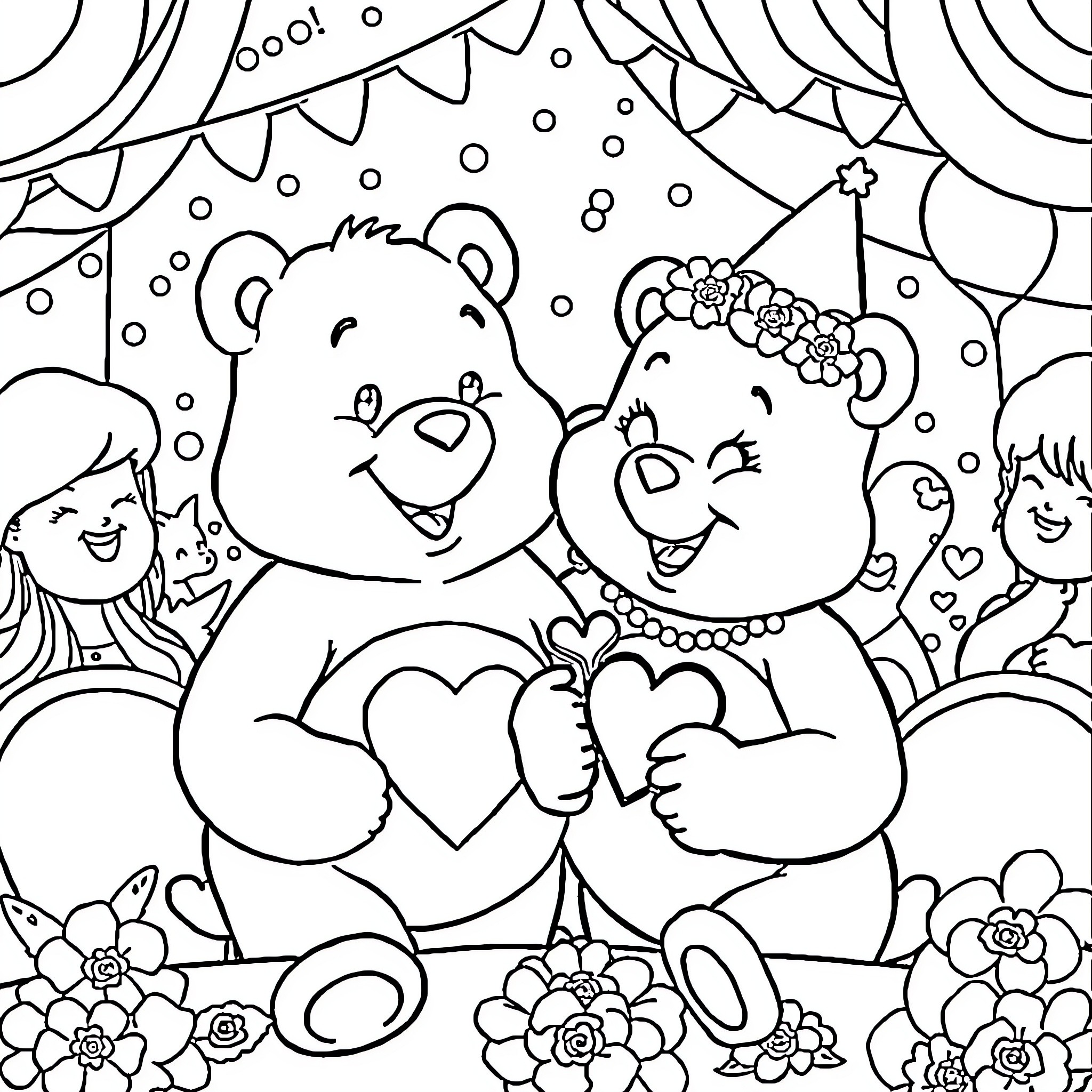 Care Bear couple celebrating with friends and flowers Coloring Page (free black-and-white line drawing printable PDF for all, from beginners to advanced learners, including children, teens, adults, and seniors)