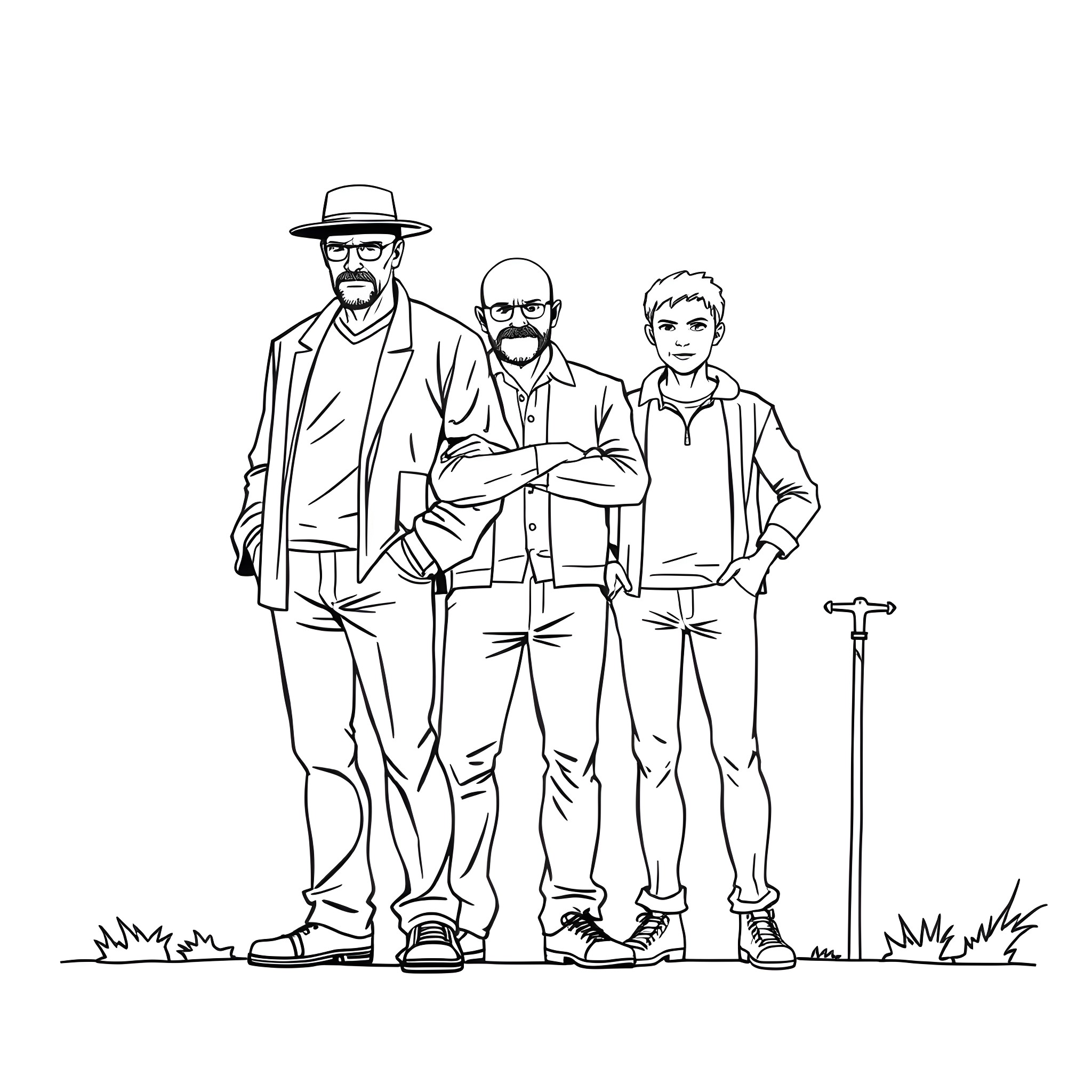 Breaking Bad: Three men in casual attire Coloring Page (free black-and-white line drawing printable PDF for all, from beginners to advanced learners, including children, teens, adults, and seniors)