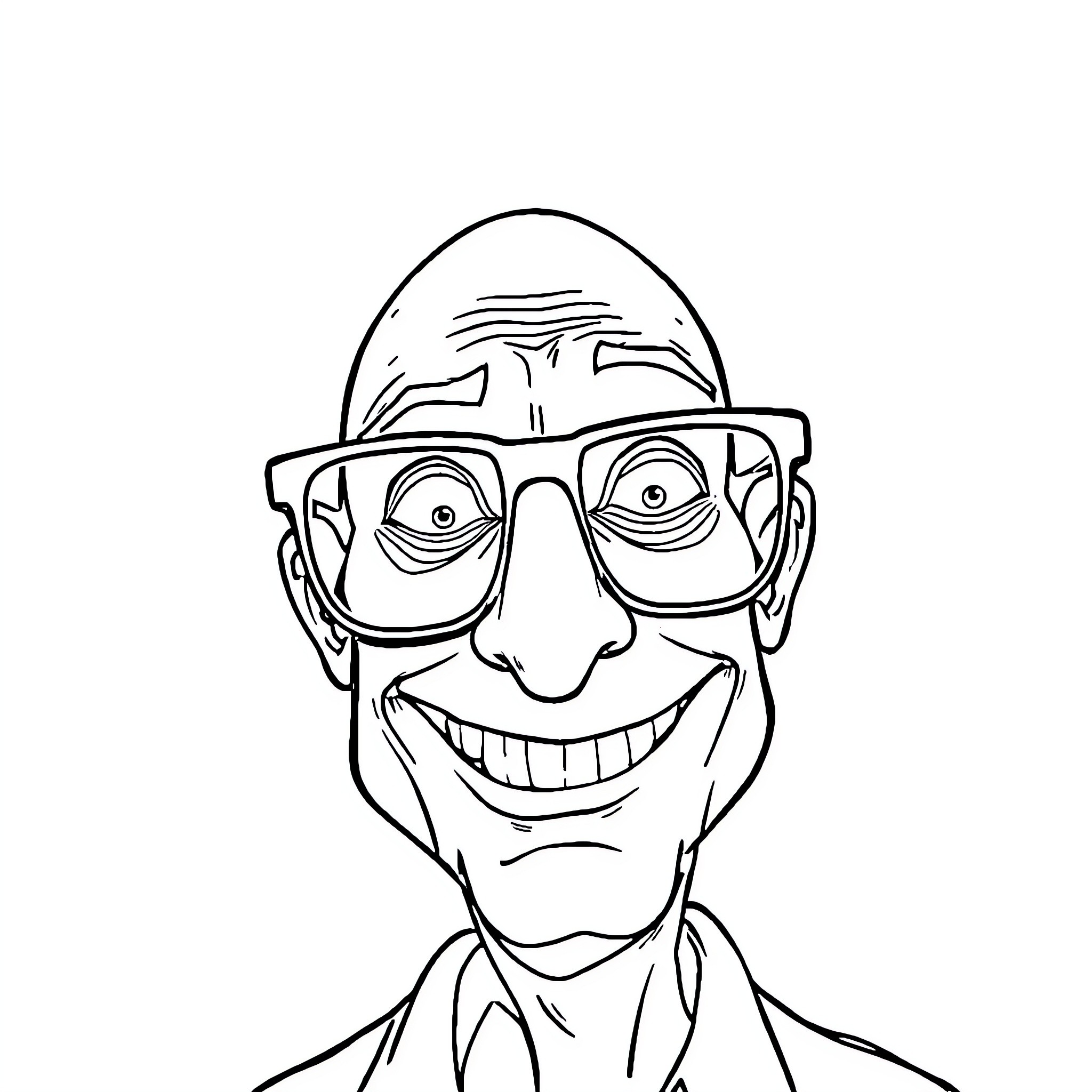 Bald Guy Smiling Enthusiastically with Glasses Coloring Page (free black-and-white line drawing printable PDF for all, from beginners to advanced learners, including children, teens, adults, and seniors)