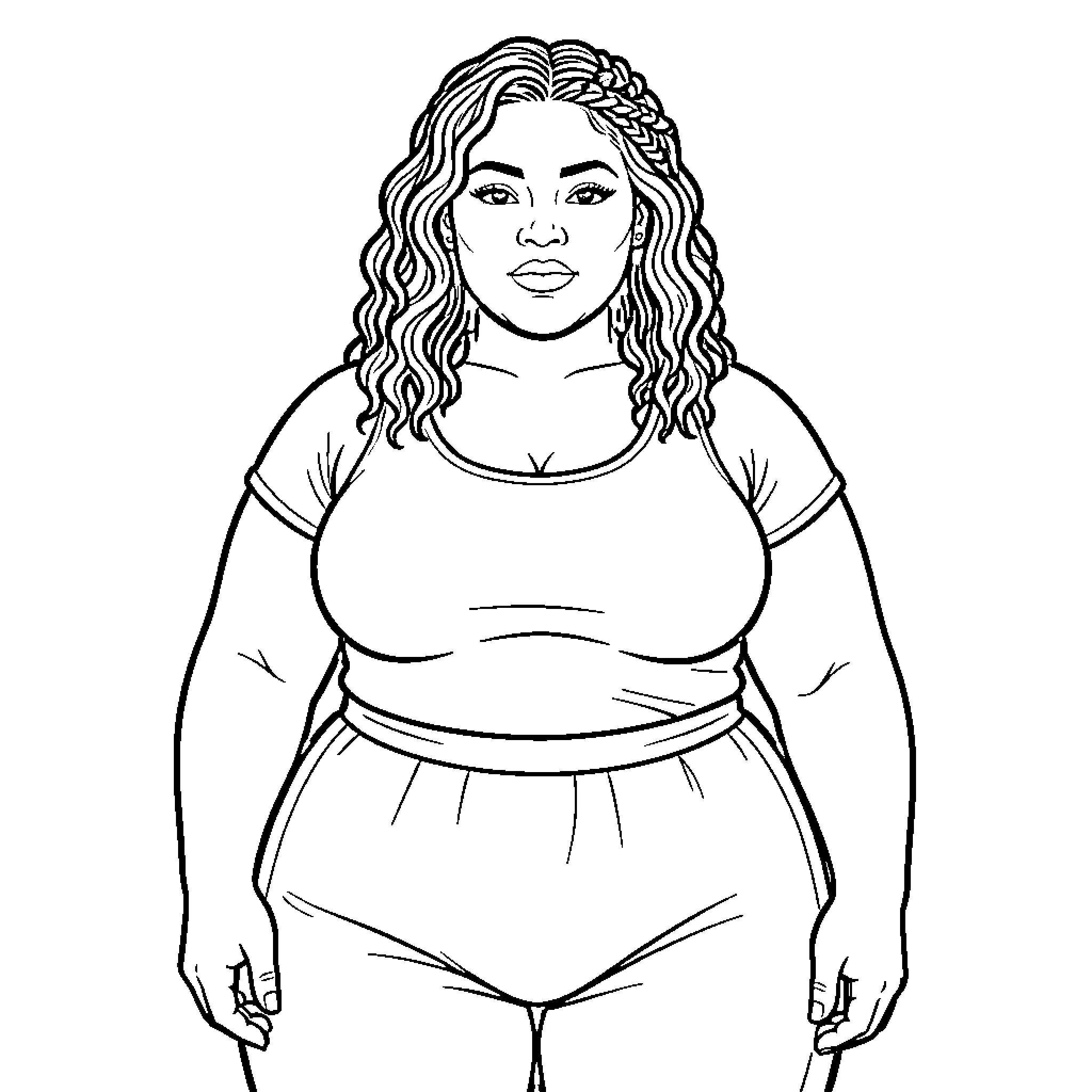 Bbw woman posing with wavy hair and casual outfit Coloring Page (free black-and-white line drawing printable PDF for all, from beginners to advanced learners, including children, teens, adults, and seniors)