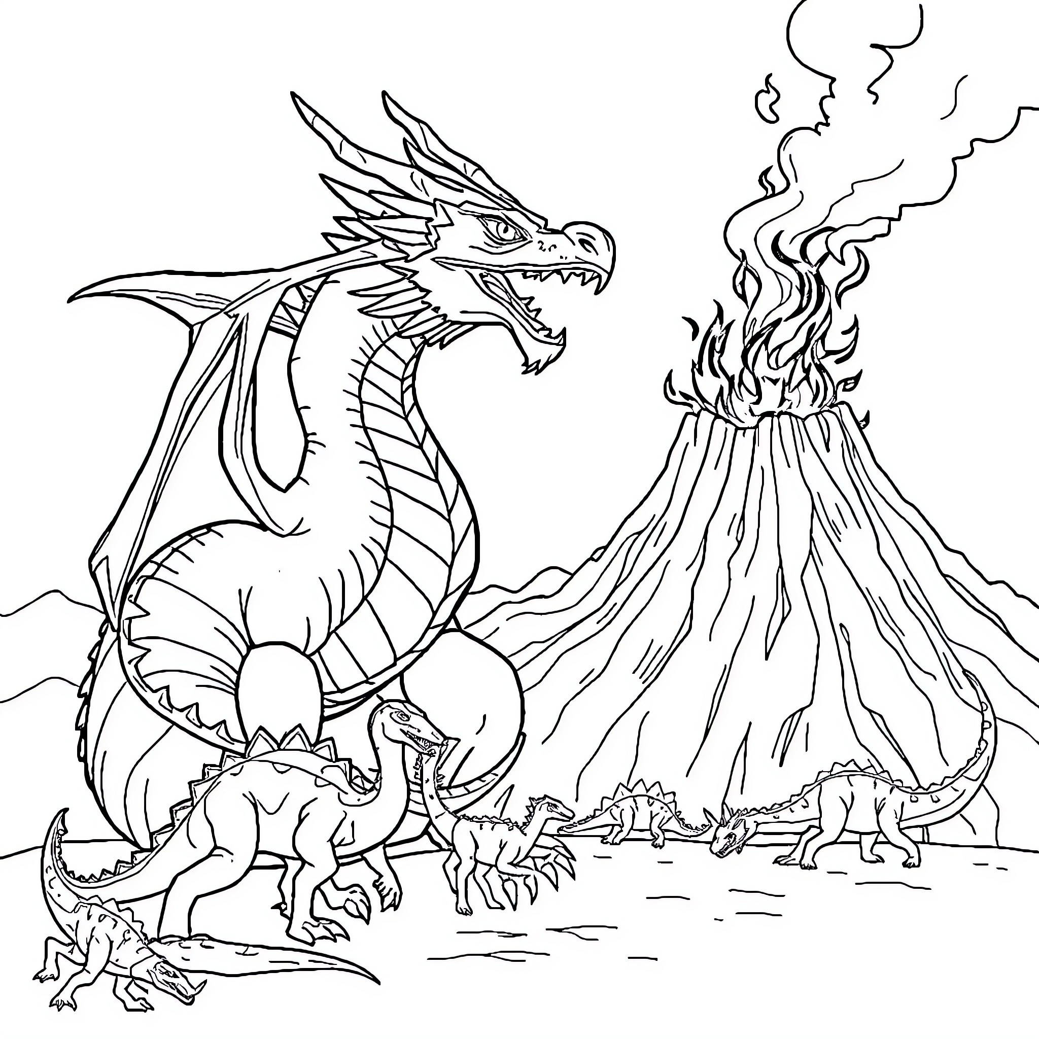 Dragon Roaring Near Volcanic Eruption Coloring Page (free black-and-white line drawing printable PDF for all, from beginners to advanced learners, including children, teens, adults, and seniors)
