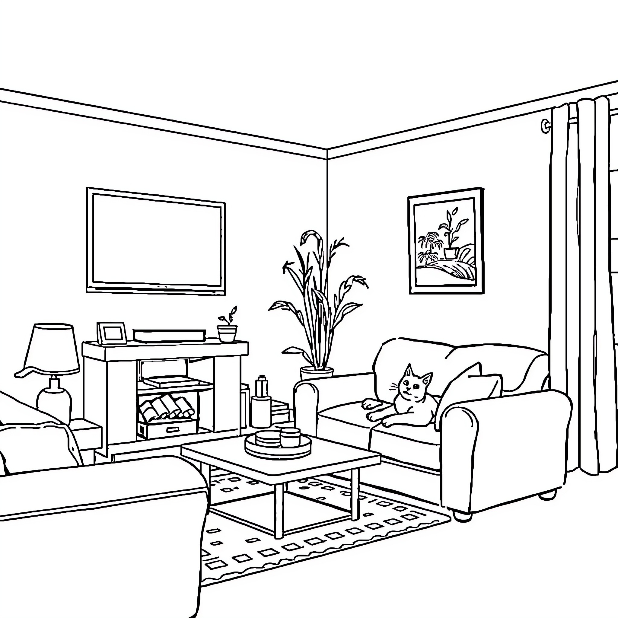 Cat relaxing in cozy living room Coloring Page (free black-and-white line drawing printable PDF for all, from beginners to advanced learners, including children, teens, adults, and seniors)