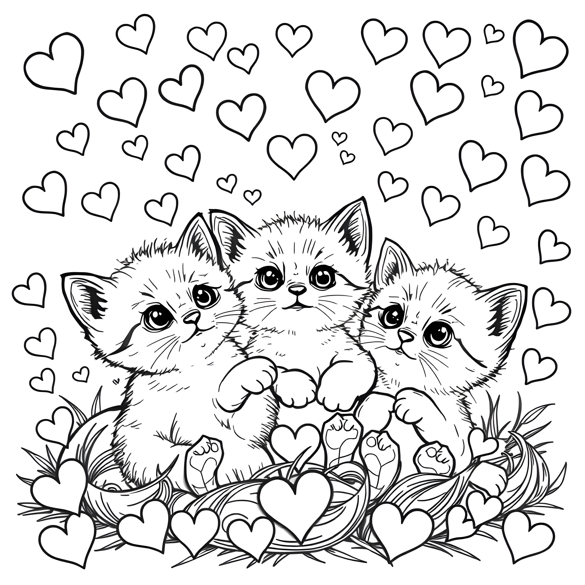 Kittens playing among hearts Coloring Page (free black-and-white line drawing printable PDF for all, from beginners to advanced learners, including children, teens, adults, and seniors)