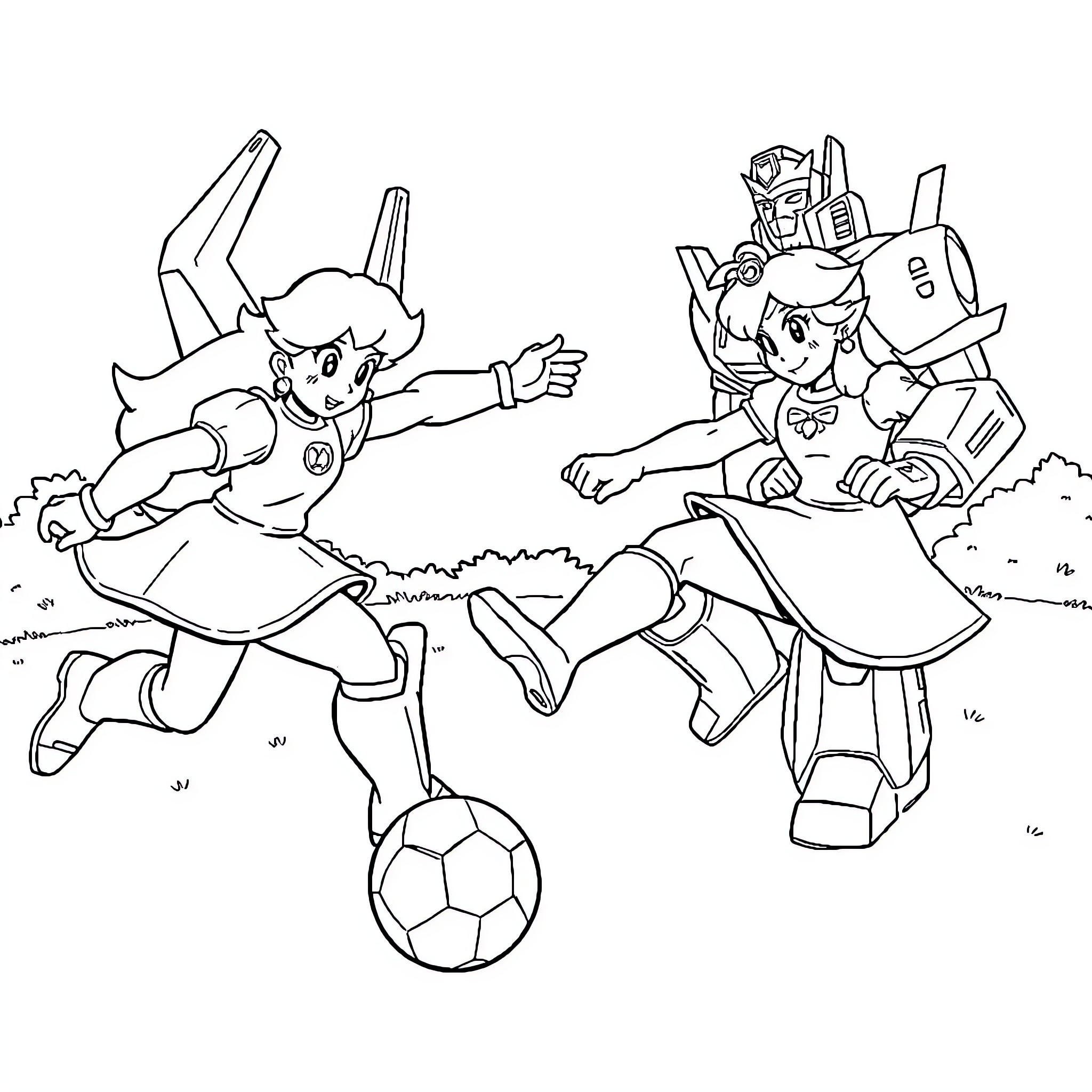 Princess Peach playing soccer with a giant robot friend Coloring Page (free black-and-white line drawing printable PDF for all, from beginners to advanced learners, including children, teens, adults, and seniors)
