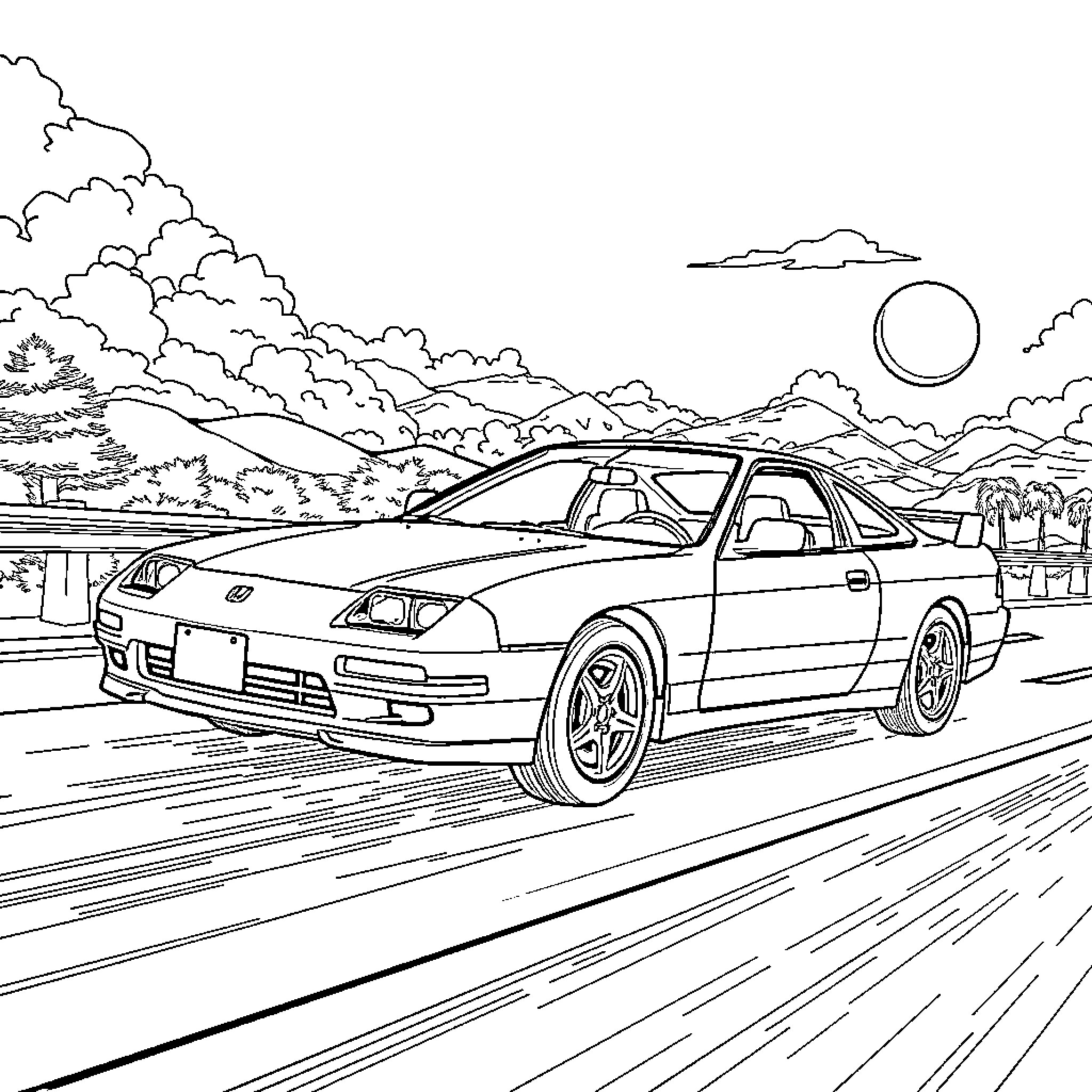 Honda Prelude speeding on mountain road Coloring Page (free black-and-white line drawing printable PDF for all, from beginners to advanced learners, including children, teens, adults, and seniors)