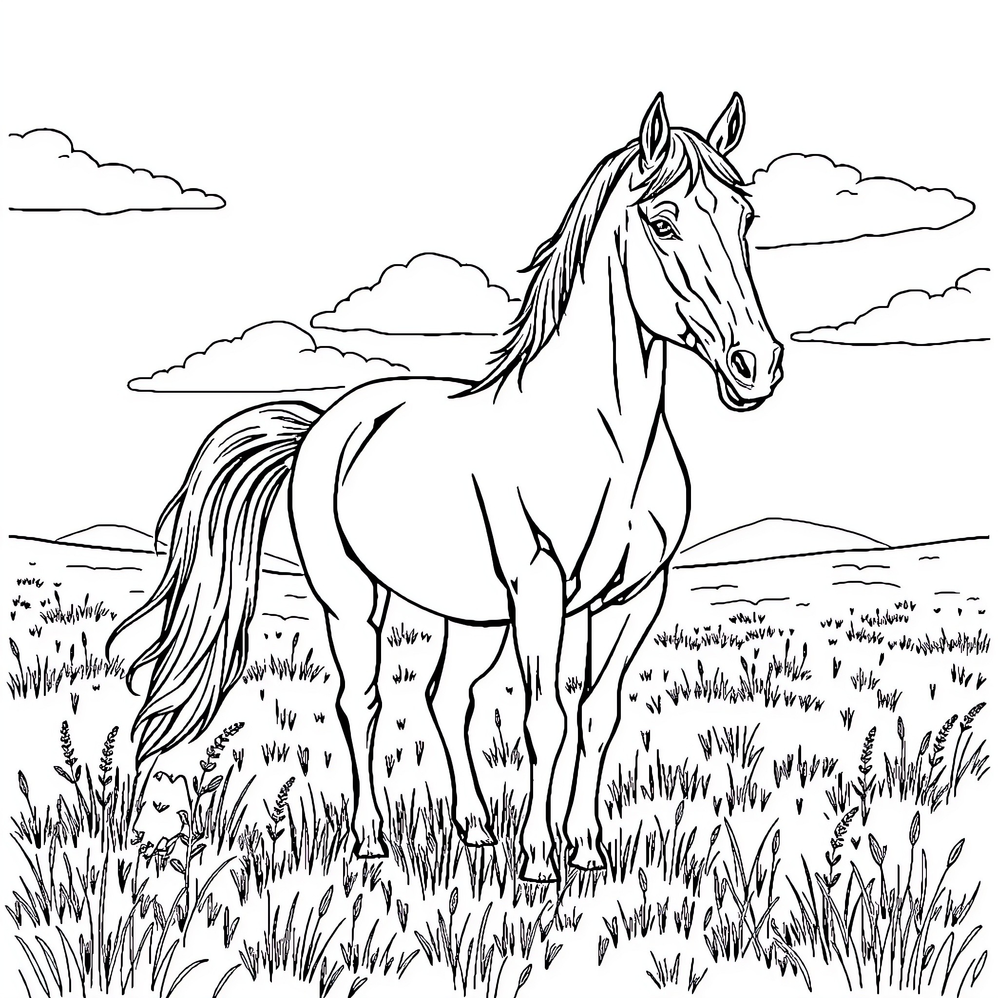 Horse standing proudly in grassy field Coloring Page (free black-and-white line drawing printable PDF for all, from beginners to advanced learners, including children, teens, adults, and seniors)