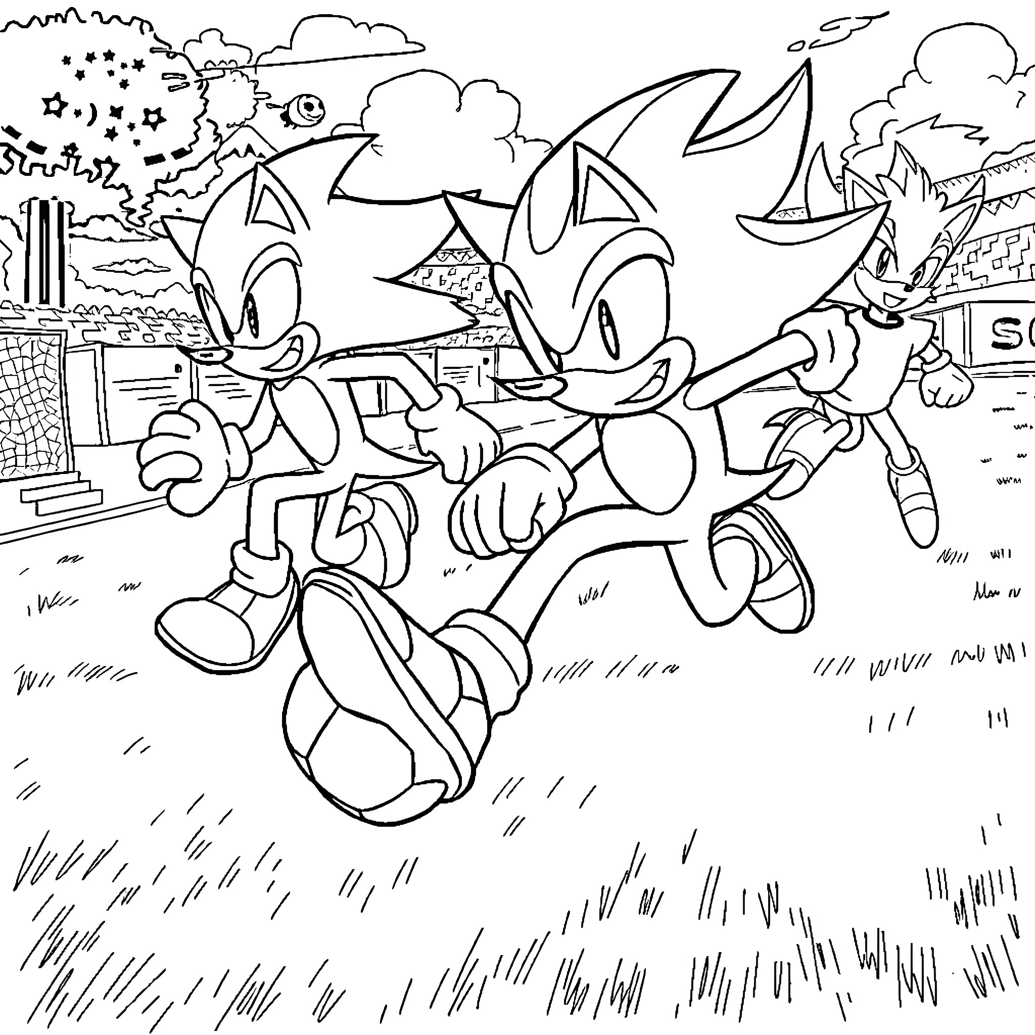 Sonic characters in an action-packed scene Coloring Page (free black-and-white line drawing printable PDF for all, from beginners to advanced learners, including children, teens, adults, and seniors)