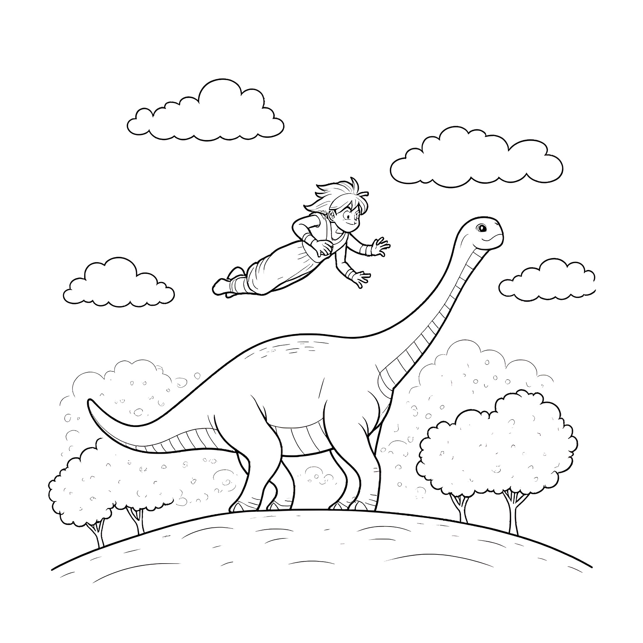 Goku soaring on a friendly dinosaur in a whimsical landscape Coloring Page (free black-and-white line drawing printable PDF for all, from beginners to advanced learners, including children, teens, adults, and seniors)