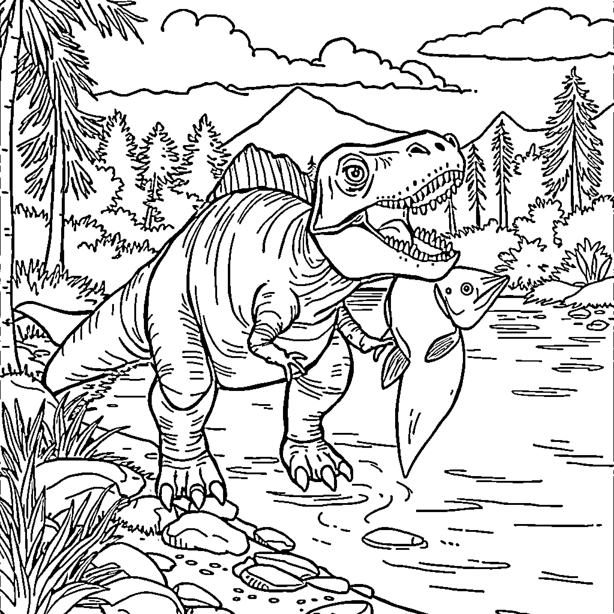 Spinosaurus duo hunting in prehistoric landscape Coloring Page (free black-and-white line drawing printable PDF for all, from beginners to advanced learners, including children, teens, adults, and seniors)