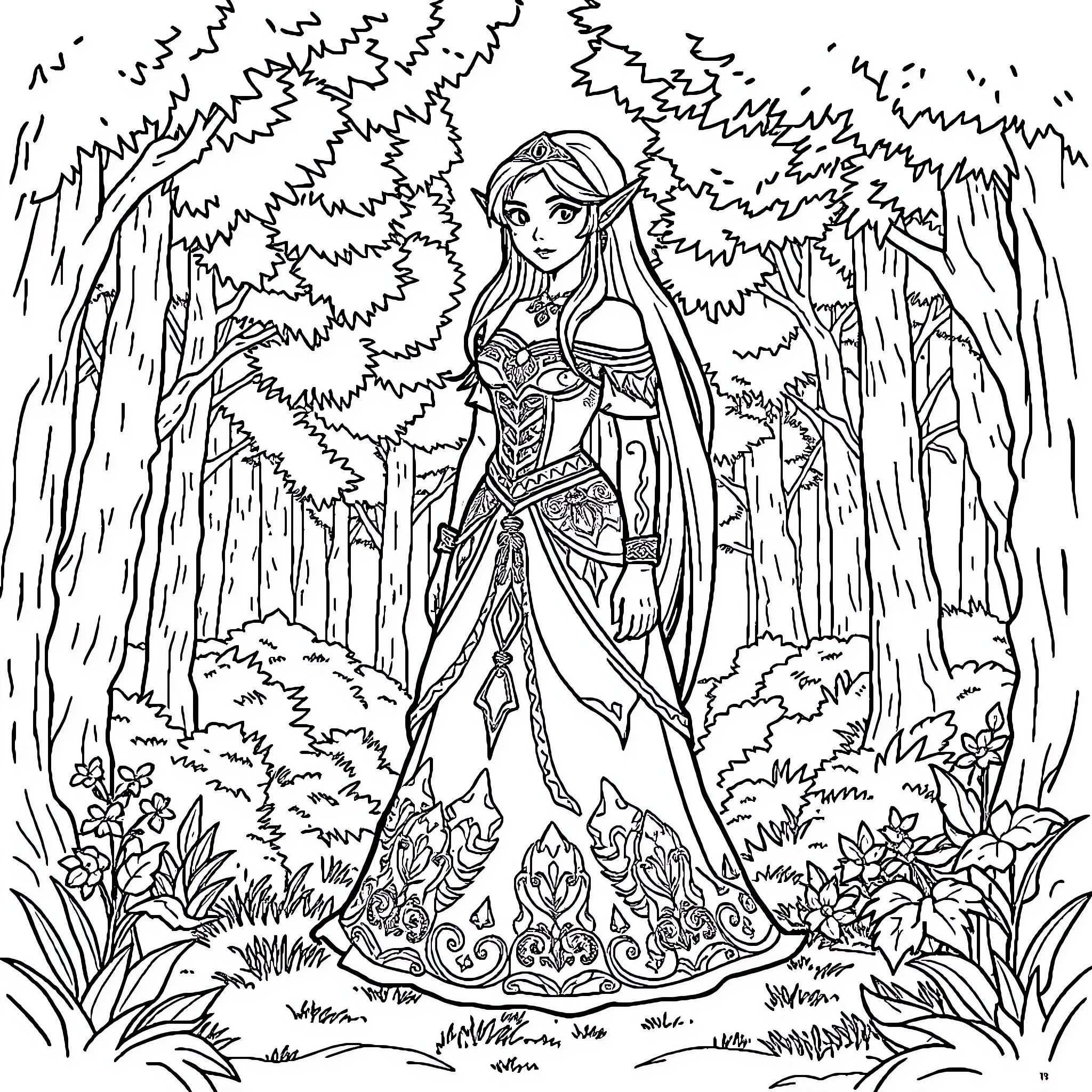 Zelda Exploring the Enchanted Forest Coloring Page (free black-and-white line drawing printable PDF for all, from beginners to advanced learners, including children, teens, adults, and seniors)
