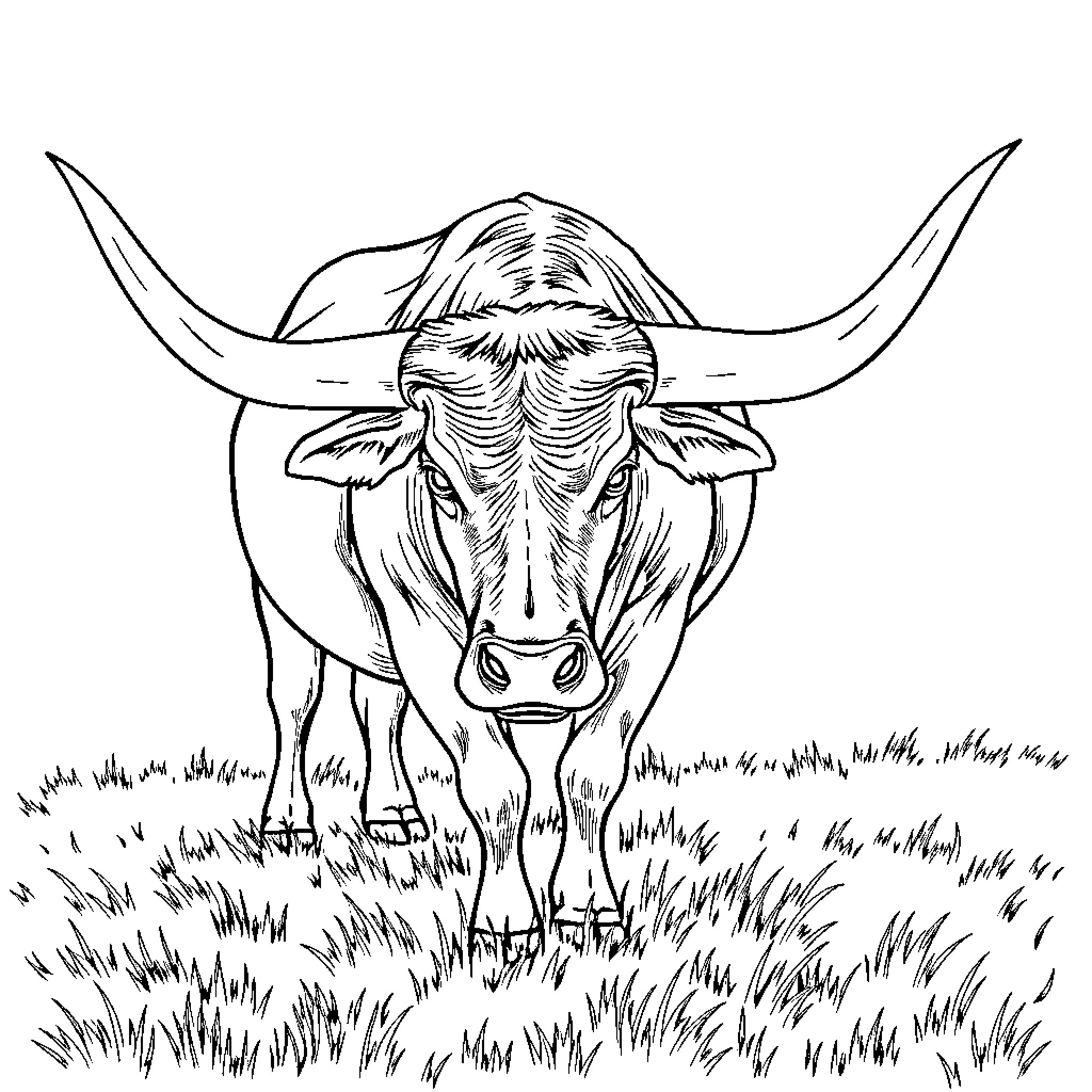 Longhorn grazing peacefully in lush field Coloring Page (free black-and-white line drawing printable PDF for all, from beginners to advanced learners, including children, teens, adults, and seniors)