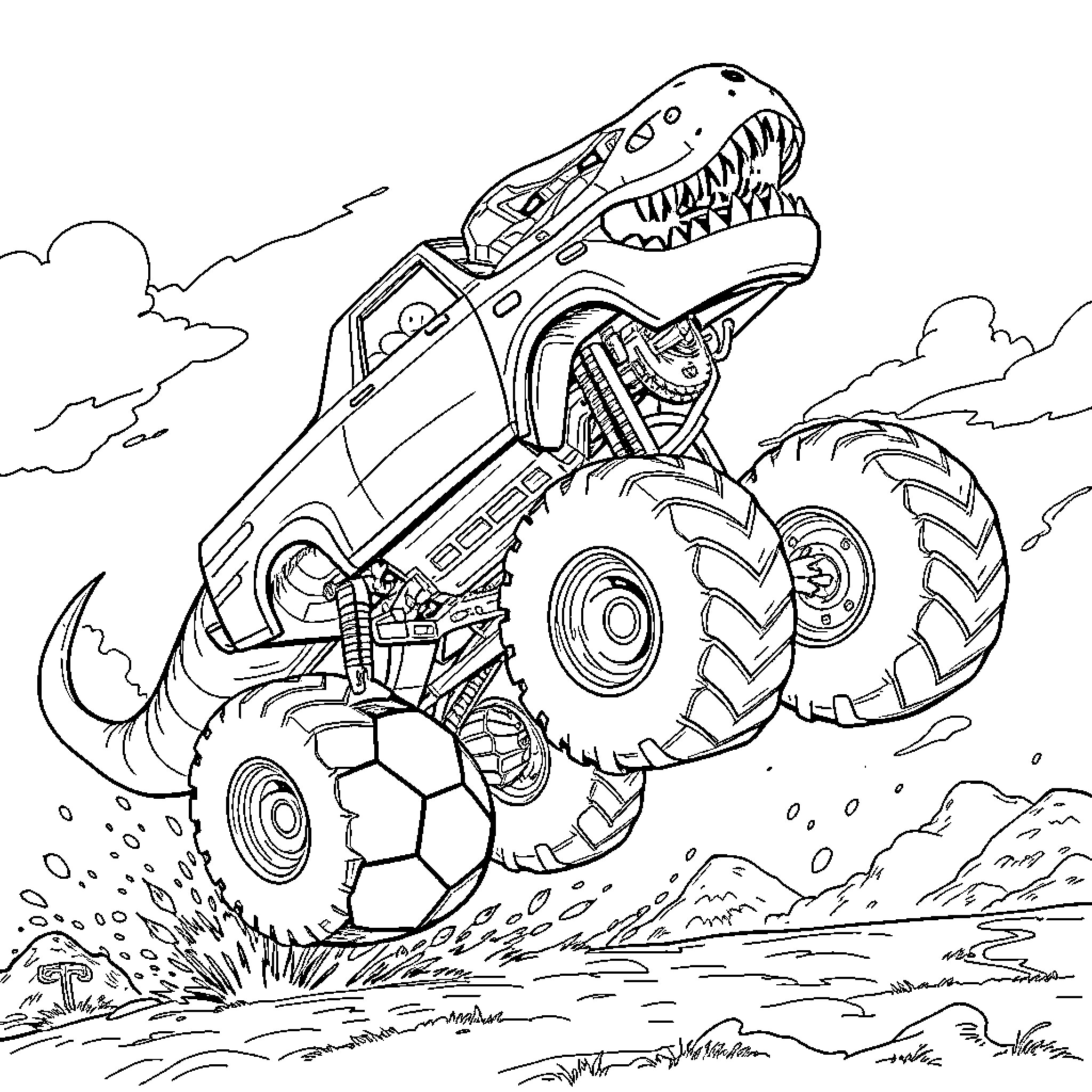 Megalodon Monster Truck Stomping Through the Terrain Coloring Page (free black-and-white line drawing printable PDF for all, from beginners to advanced learners, including children, teens, adults, and seniors)