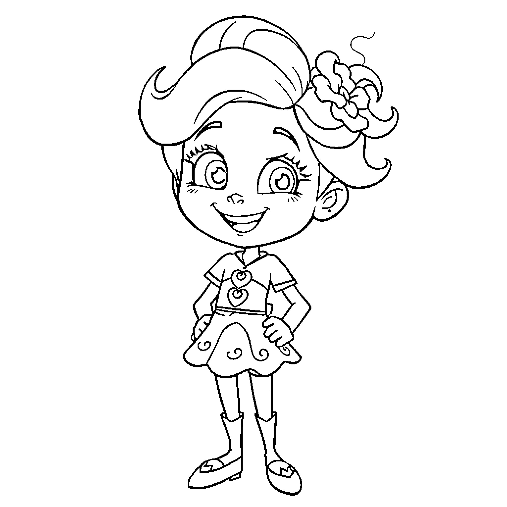 Evie smiling happily in a cute dress Coloring Page (free black-and-white line drawing printable PDF for all, from beginners to advanced learners, including children, teens, adults, and seniors)