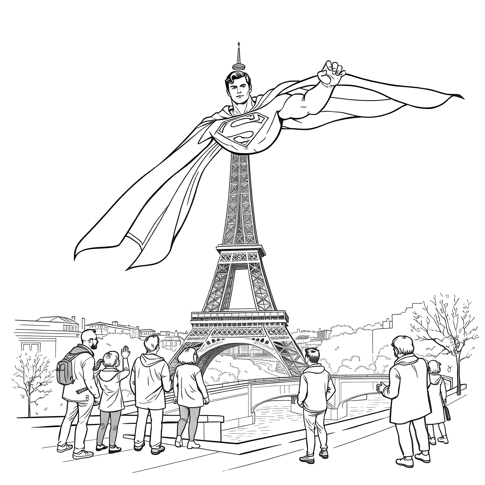 Superman flies over Paris landmarks with people watching Coloring Page (free black-and-white line drawing printable PDF for all, from beginners to advanced learners, including children, teens, adults, and seniors)