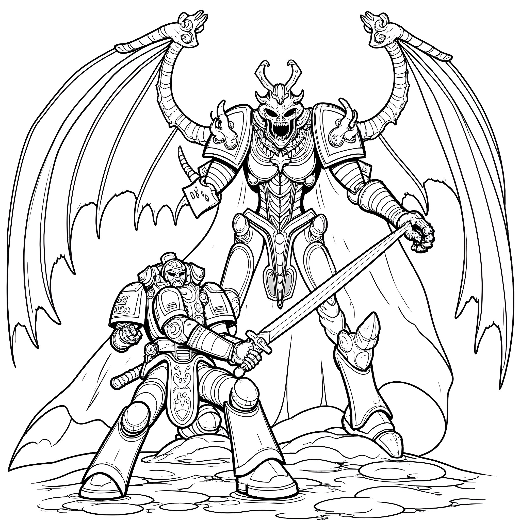 Space Marine Confronting Demonic Foe in Armored Battle Coloring Page (free black-and-white line drawing printable PDF for all, from beginners to advanced learners, including children, teens, adults, and seniors)