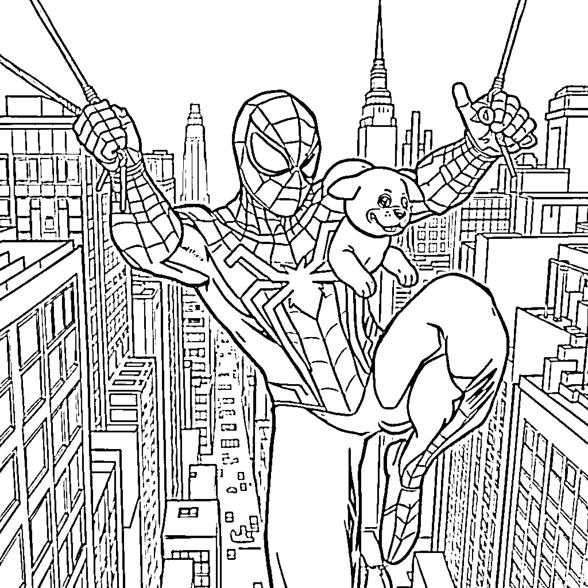 Spiderman swinging through the city skyline Coloring Page (free black-and-white line drawing printable PDF for all, from beginners to advanced learners, including children, teens, adults, and seniors)