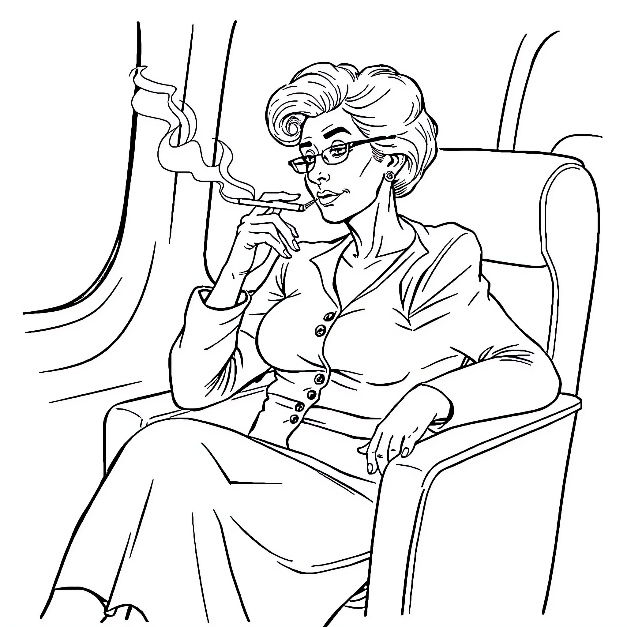 Grandmother relaxing on a train ride Coloring Page (free black-and-white line drawing printable PDF for all, from beginners to advanced learners, including children, teens, adults, and seniors)