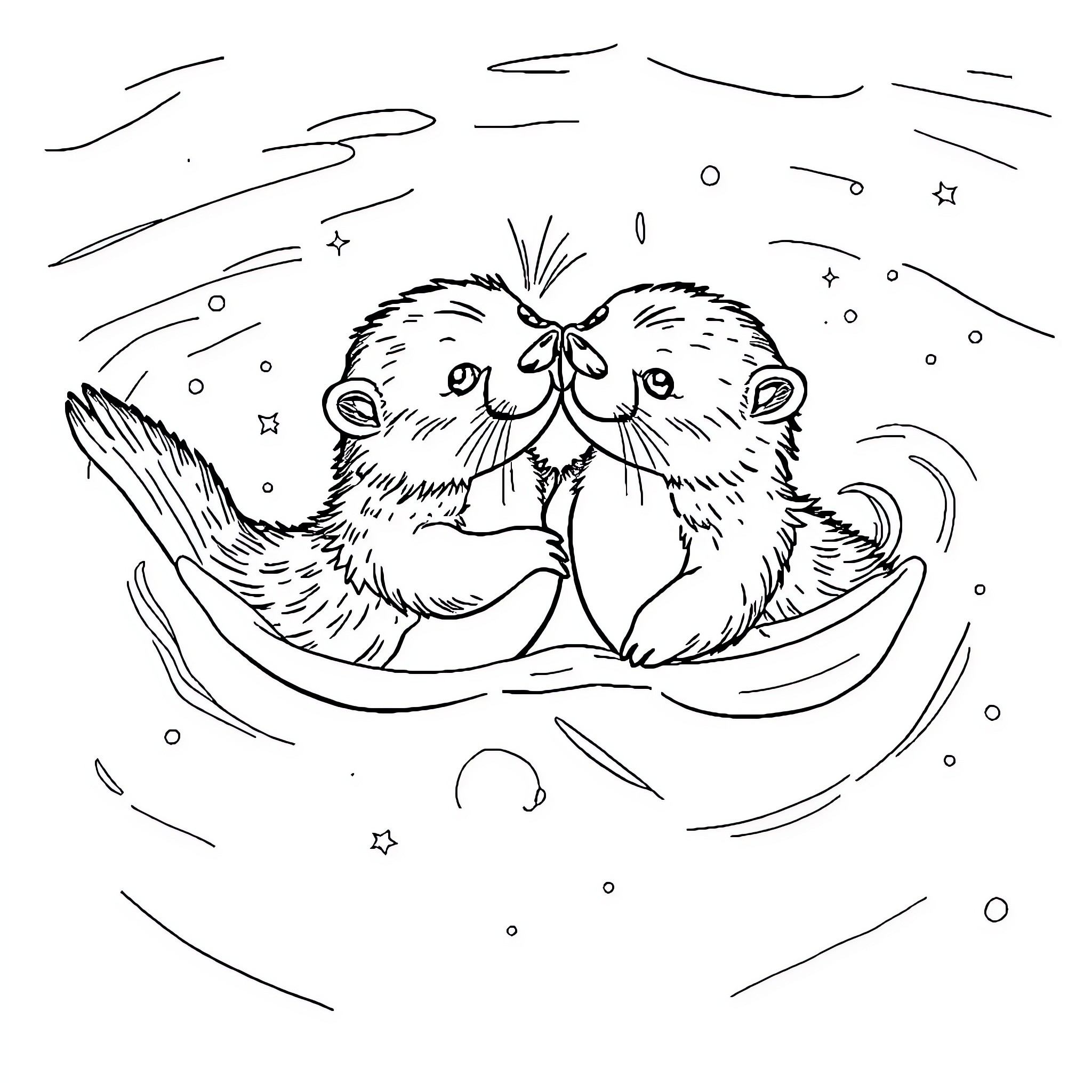 Otter couple cuddling lovingly under the stars Coloring Page (free black-and-white line drawing printable PDF for all, from beginners to advanced learners, including children, teens, adults, and seniors)