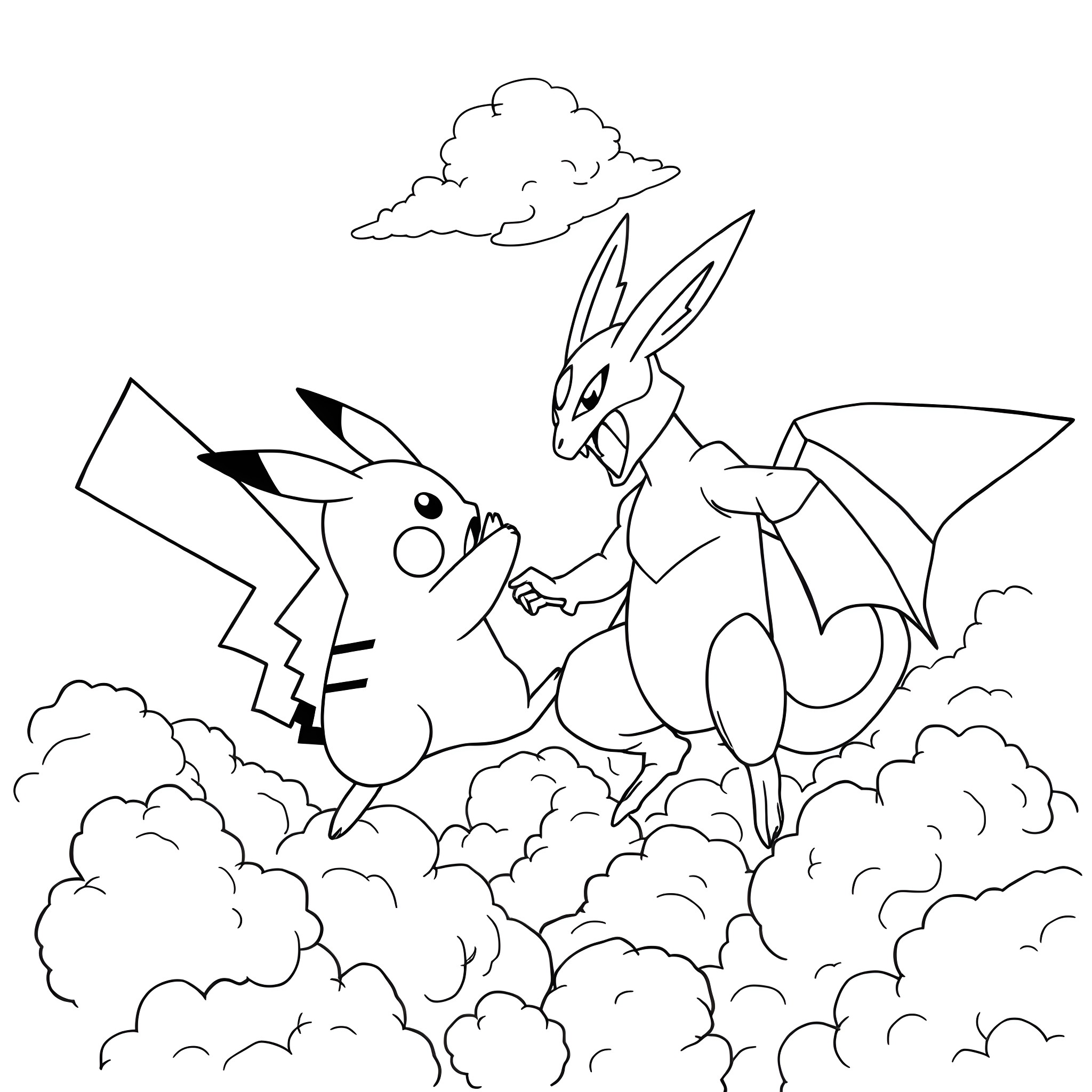 Pikachu flying with dragon companion in the clouds Coloring Page (free black-and-white line drawing printable PDF for all, from beginners to advanced learners, including children, teens, adults, and seniors)