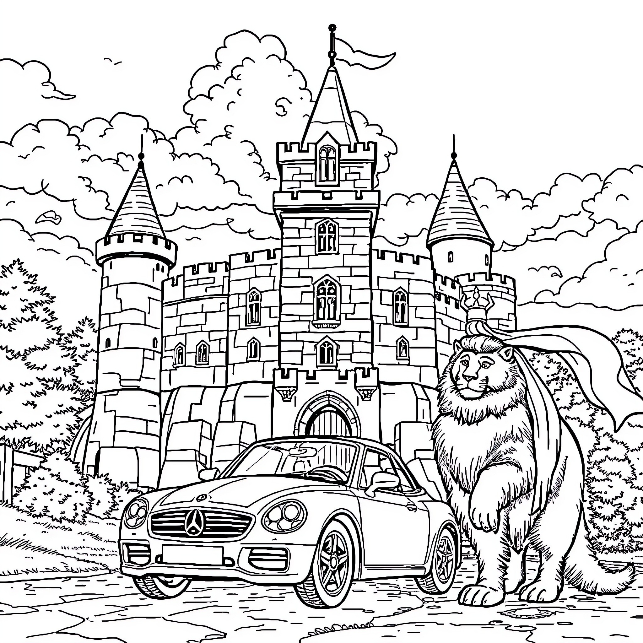Château with Majestic Castle and Furry Companion Coloring Page (free black-and-white line drawing printable PDF for all, from beginners to advanced learners, including children, teens, adults, and seniors)