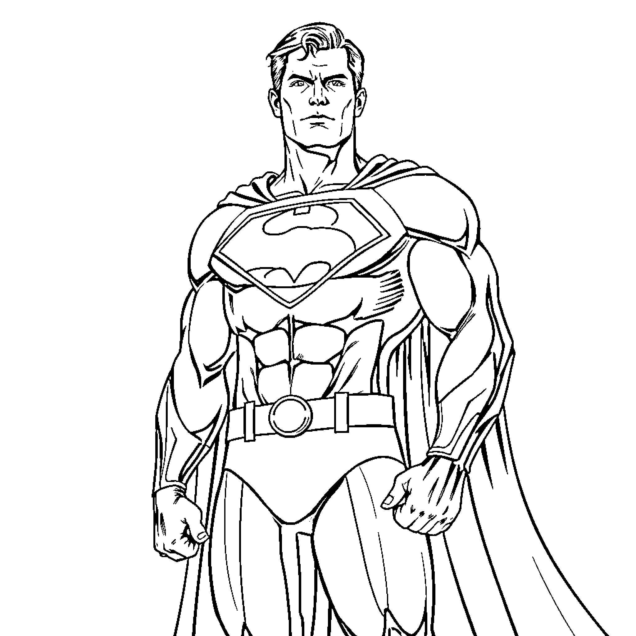 Superman heroically standing with cape and emblem Coloring Page (free black-and-white line drawing printable PDF for all, from beginners to advanced learners, including children, teens, adults, and seniors)