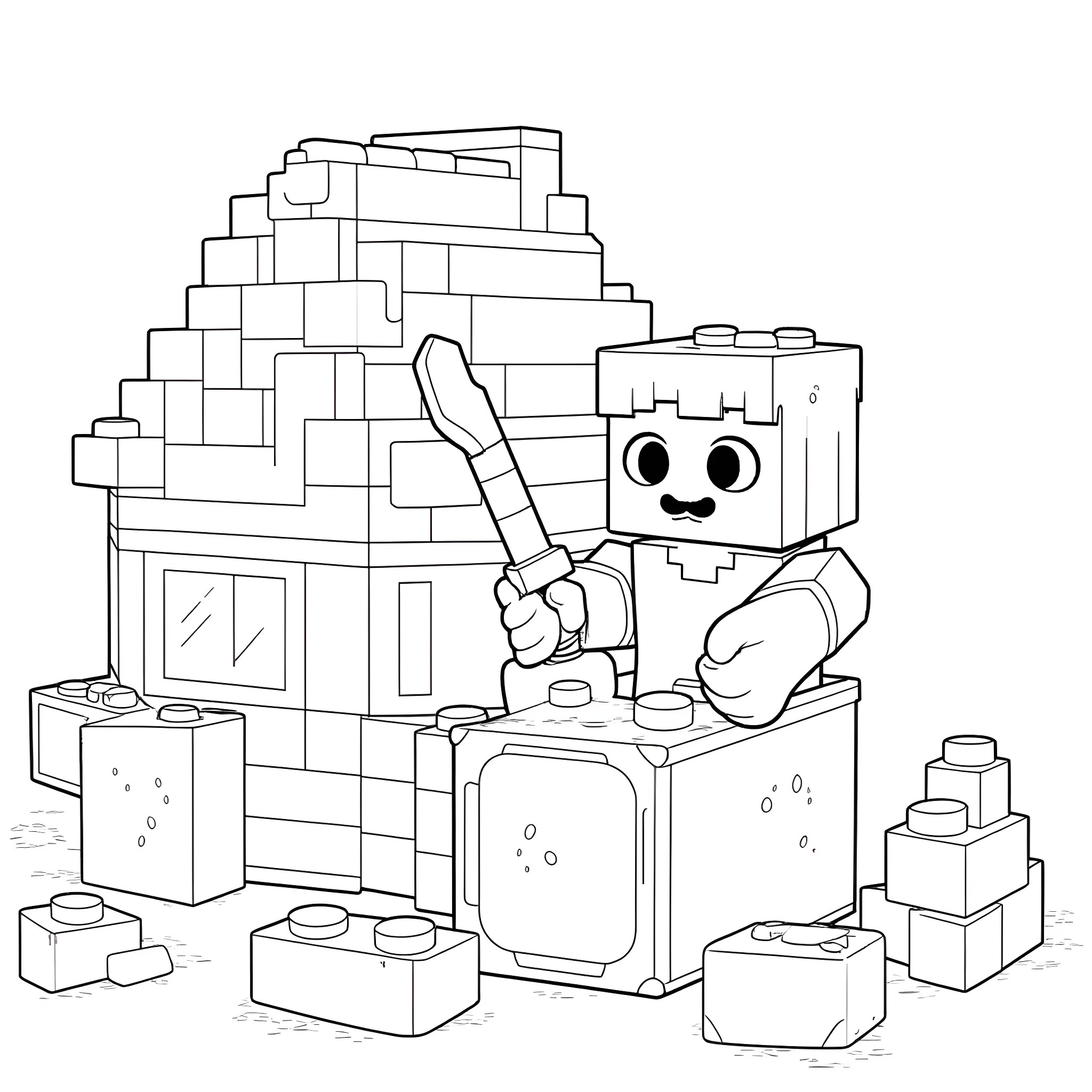 Minecraft character building with blocks Coloring Page (free black-and-white line drawing printable PDF for all, from beginners to advanced learners, including children, teens, adults, and seniors)