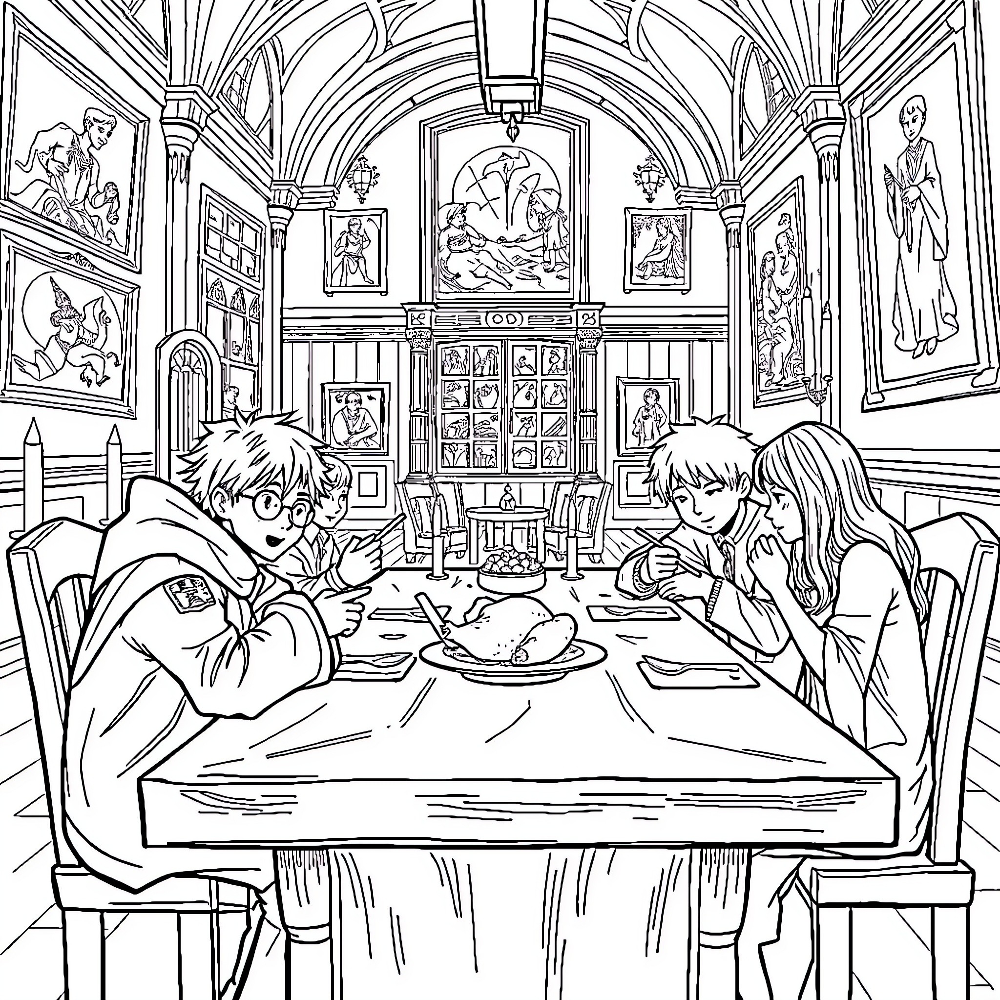 Tanjiro and friends study together in a cozy library Coloring Page (free black-and-white line drawing printable PDF for all, from beginners to advanced learners, including children, teens, adults, and seniors)