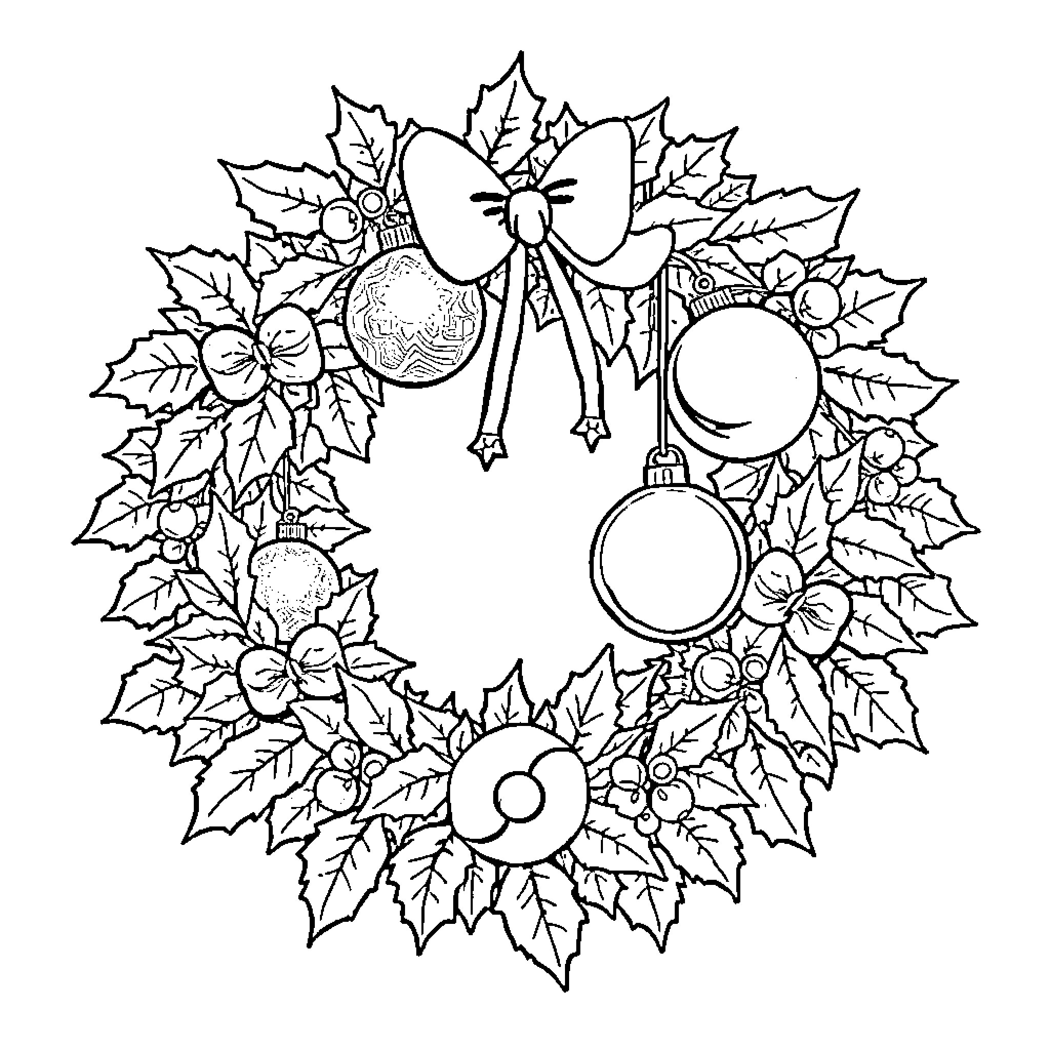 Wreath of holiday decorations and foliage Coloring Page (free black-and-white line drawing printable PDF for all, from beginners to advanced learners, including children, teens, adults, and seniors)