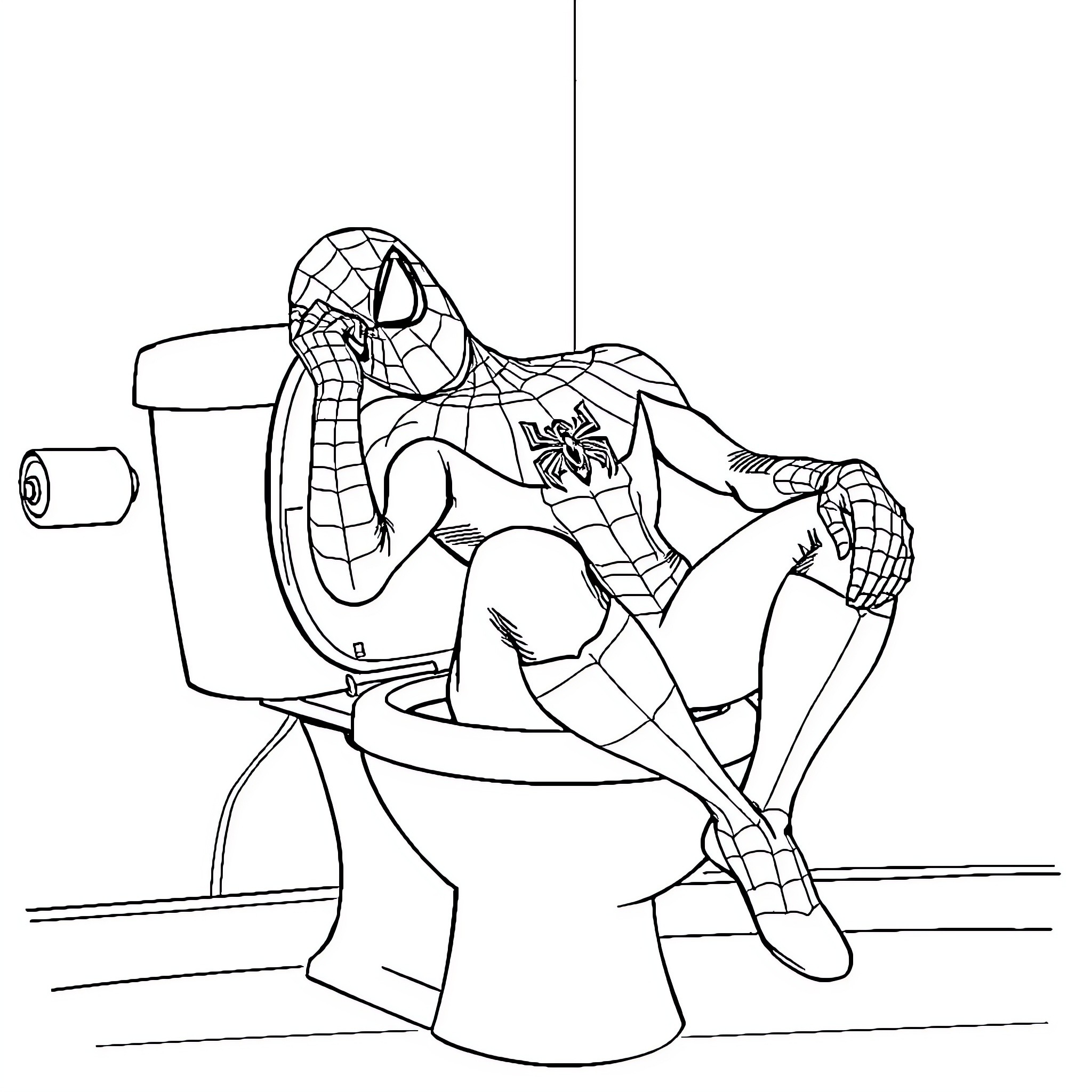 Spider-Man Relaxing on the Toilet Coloring Page (free black-and-white line drawing printable PDF for all, from beginners to advanced learners, including children, teens, adults, and seniors)