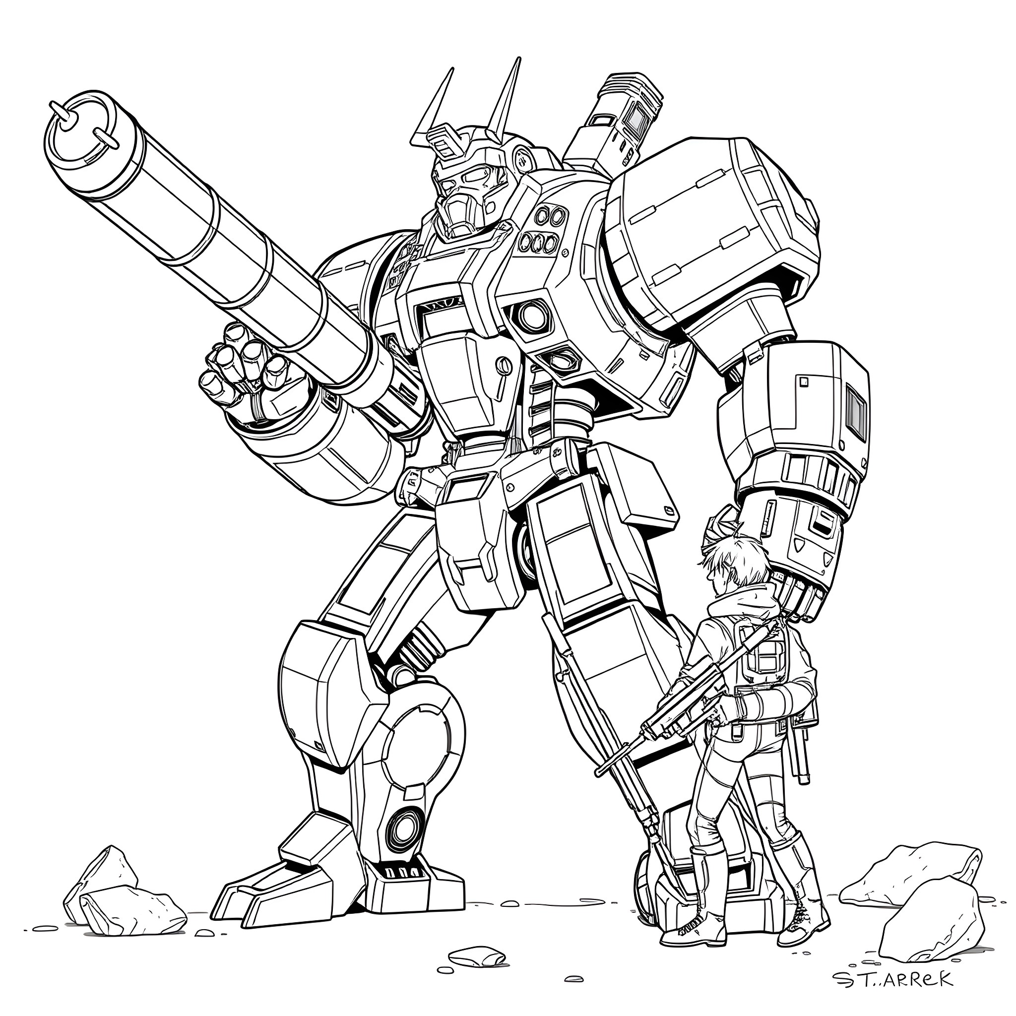 Nemesis: Powerful Mech Warrior in Action Coloring Page (free black-and-white line drawing printable PDF for all, from beginners to advanced learners, including children, teens, adults, and seniors)